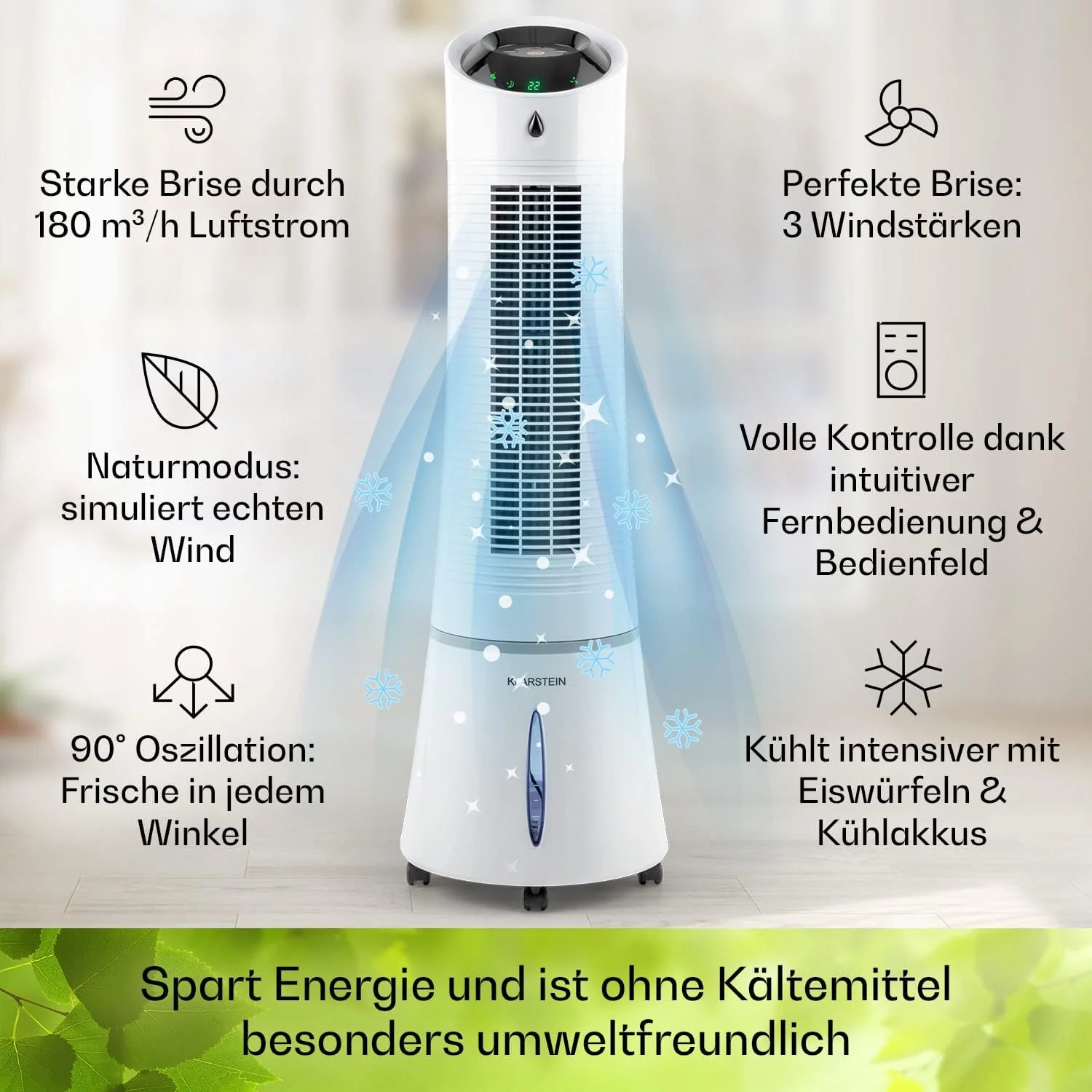 Klarstein 4-in-1: Slimme luchtkoeler, ventilator, luchtbevochtiger & ionisatie I 6 L watertank, oscillatie, 30 W, 210 m3/u, timer I Klimaatregelaar zonder afvoerslang, Mobiele airconditioner, Zwart-ros��goud