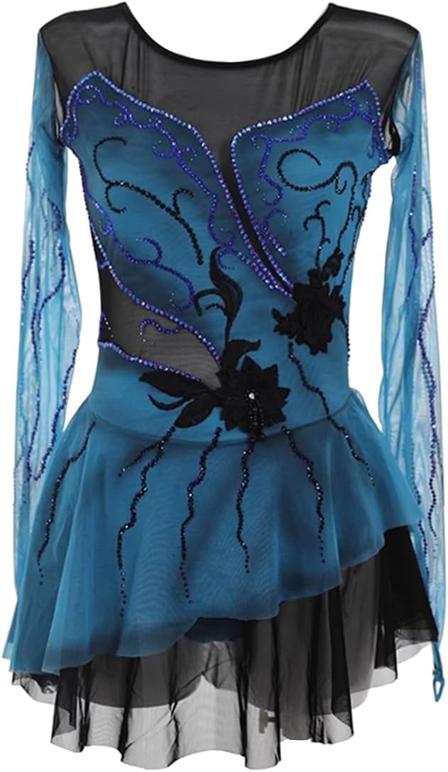 Eiskunstlauf Kleid Damen Strass Leotards Eislauf Wettbewerb Kleider Ballerina Outfits Langarm Kürkleid mit Strass Rollkunstlauf Wettbewerb Tanzanzug Langarm Rollschuhkleid