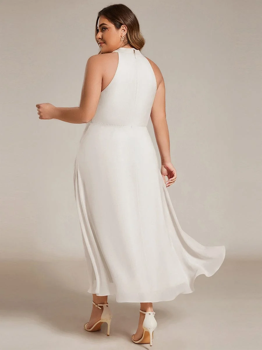 Damen Chiffon Midi-Kleid in A-Linie | Festliches Halterneck Kleid mit Plissee-Details | Sommerliches Kleid f��r Hochzeitsg?ste