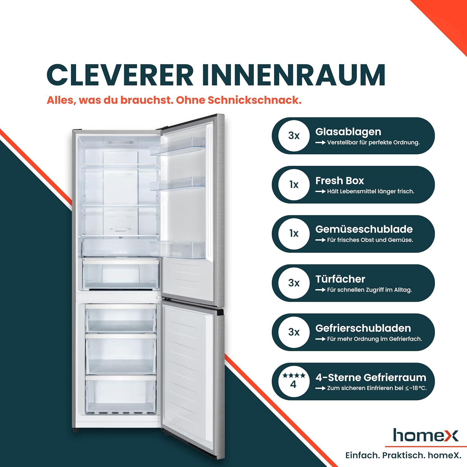 homeX Kühlschrank mit Gefrierfach No Frost, Kühl-Gefrier-Kombination freistehend, groß - 304 Liter, Fresh Box, Super-Frost, leise 35 dB, EEK A, Kühl Gefrierkombination, silber, CFSN3041A-S