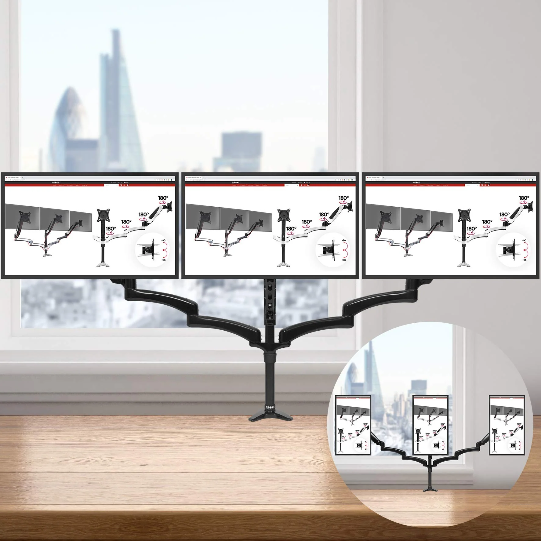 Duronic Monitorarm DM553 | Driedubbele PC Bureau Montage | ZWART | Aluminium | Hoogte Verstelbaar | Voor drie 15-27 inch LED LCD Schermen | VESA 75/100 compatibel | Draagvermogen 5 kg | Kantelen: -90��/+85��, Draaien: 180��, Zwenken: 360��