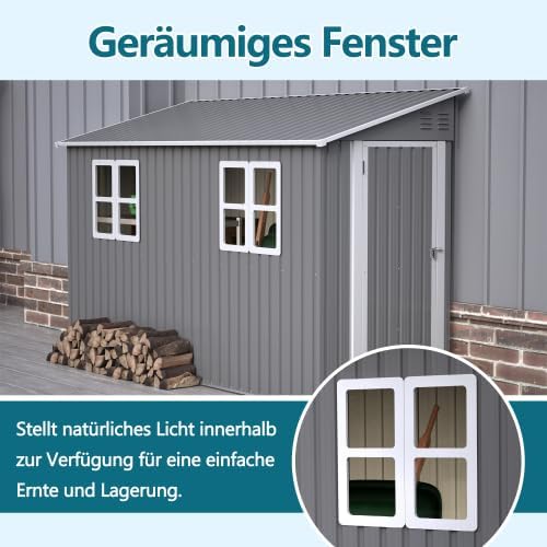 Geräteschuppen Metall 4 x 10 Fuß Anlehn-Design, Gerätehaus mit Fenster & Pultdach, wetterfester Stahlschuppen als Fahrradgarage für 2-3 Fahrräder, Mülltonnenbox & Gartengerätehaus, abschließbar, Grau