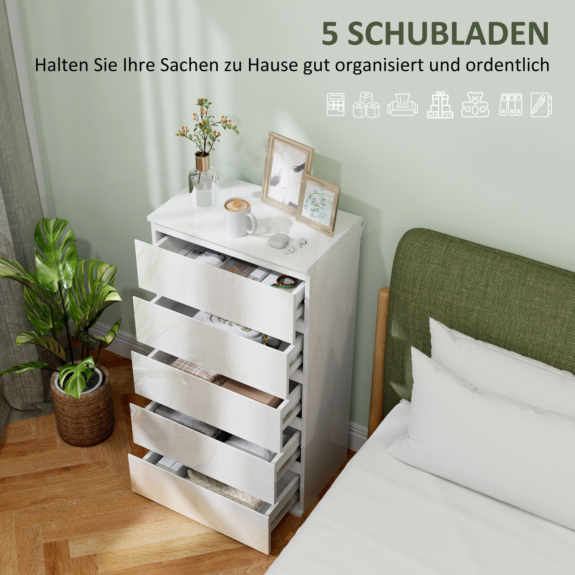 Ladekast Sideboard met 5 Laden, 55 cm x 34 cm x 100 cm, Wit