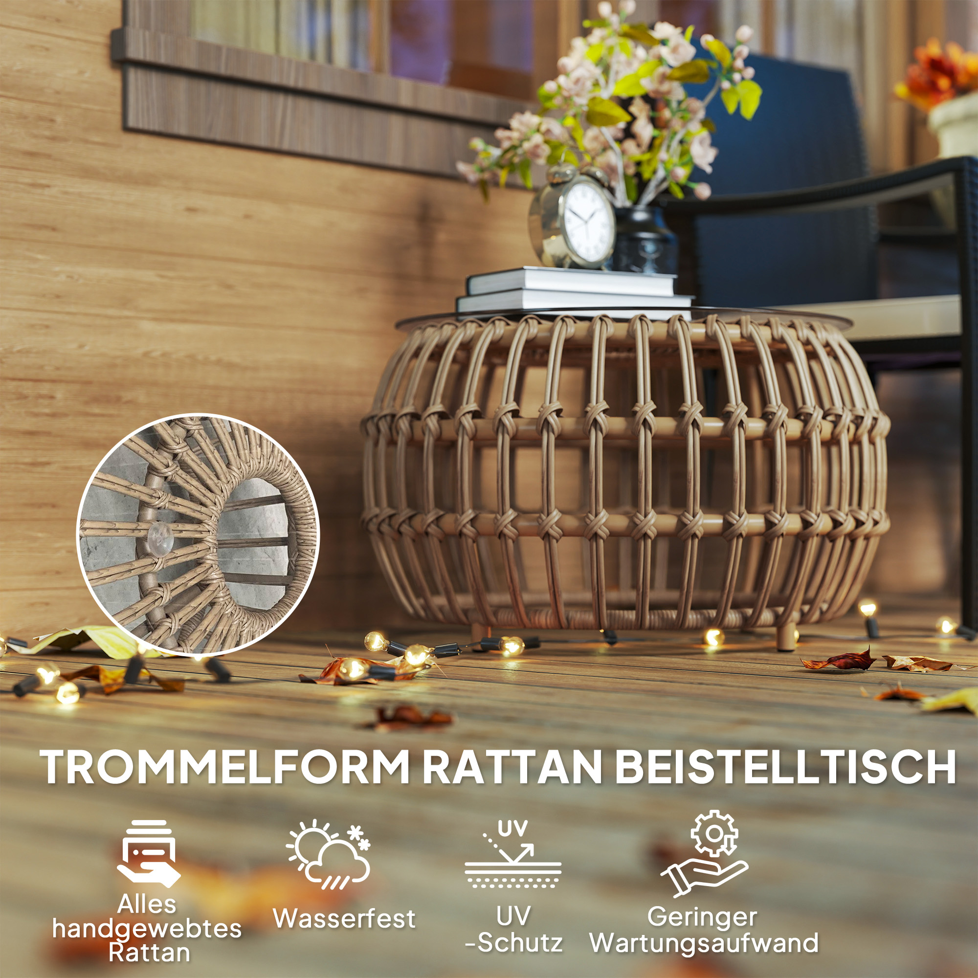 Outsunny 2-delige Set Bijzettafels Polyrattan ?66/42 cm Rond Weerbestendig met Glazen Blad - Bruin