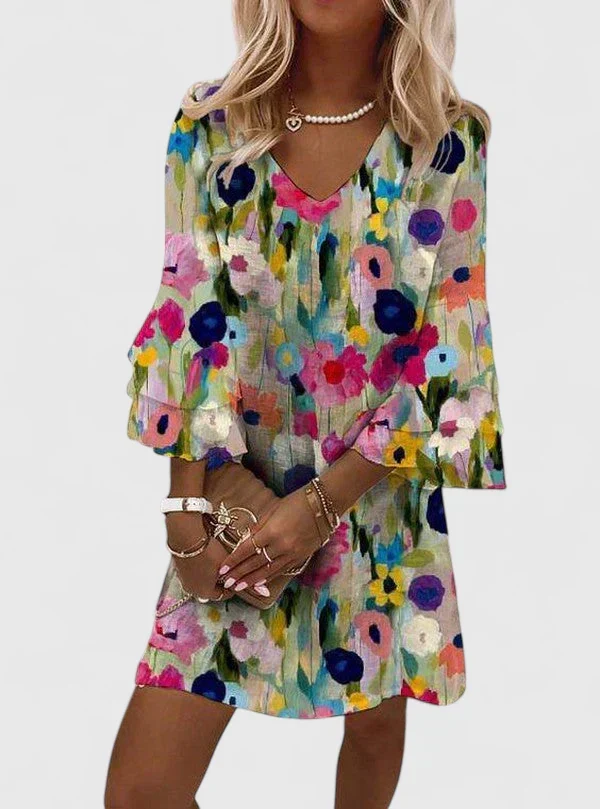 Sommerkleid Damen mit Blumenmuster | Kurzes Minikleid mit V-Ausschnitt und R��schen?rmeln | Luftiges Freizeitkleid f��r den Urlaub