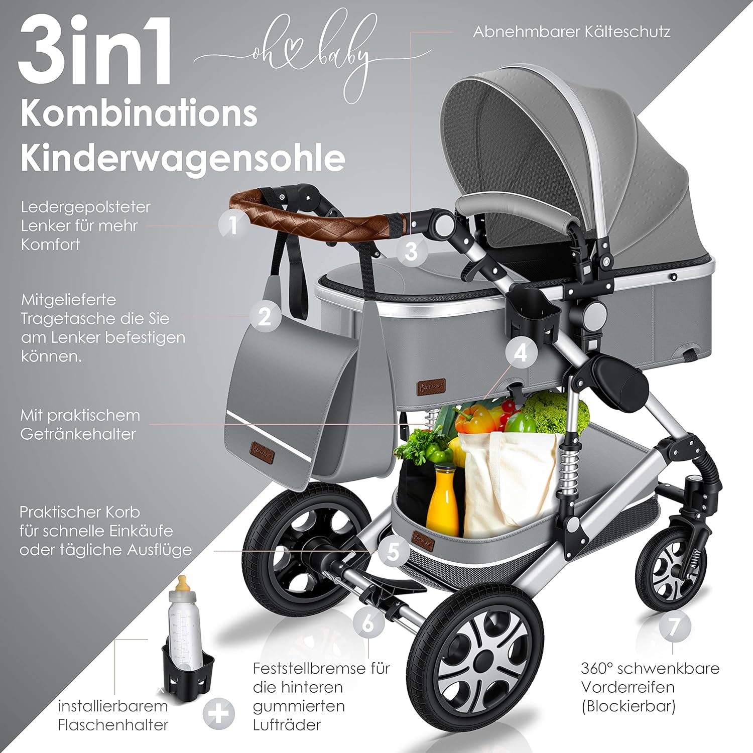 KESSER® Loops 3 in 1 Kinderwagen Kombikinderwagen Komplett-Set inkl. Babywanne & Buggy Sportsitz & Auto-Babyschale Voll-Gummireifen Wickeltasche Regenschutz Kindertisch ECE R129, Schwarz/Champagne