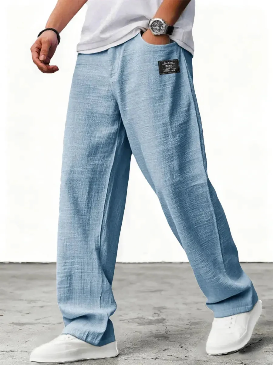 Leinenhose f��r Herren mit weitem Bein und Kordelzug | Bequeme Stoffhose mit geradem Schnitt und praktischen Seitentaschen