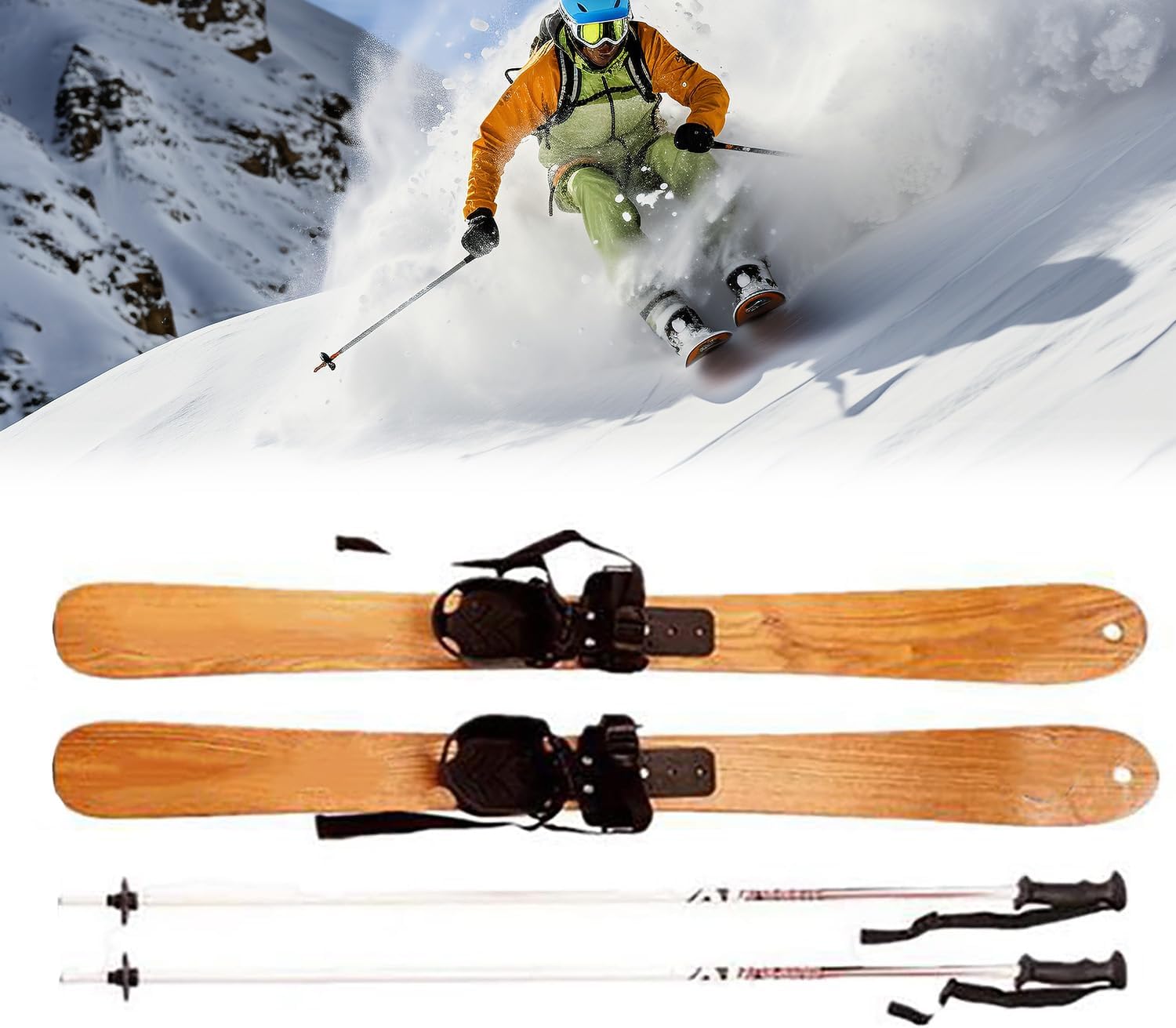 COYEUX Holzski, Outdoor-Sportski für Erwachsene, mit Schneestöcken, Wintersport-Hobby-Outdoor-Zubehör, zum Skifahren, Eislaufen