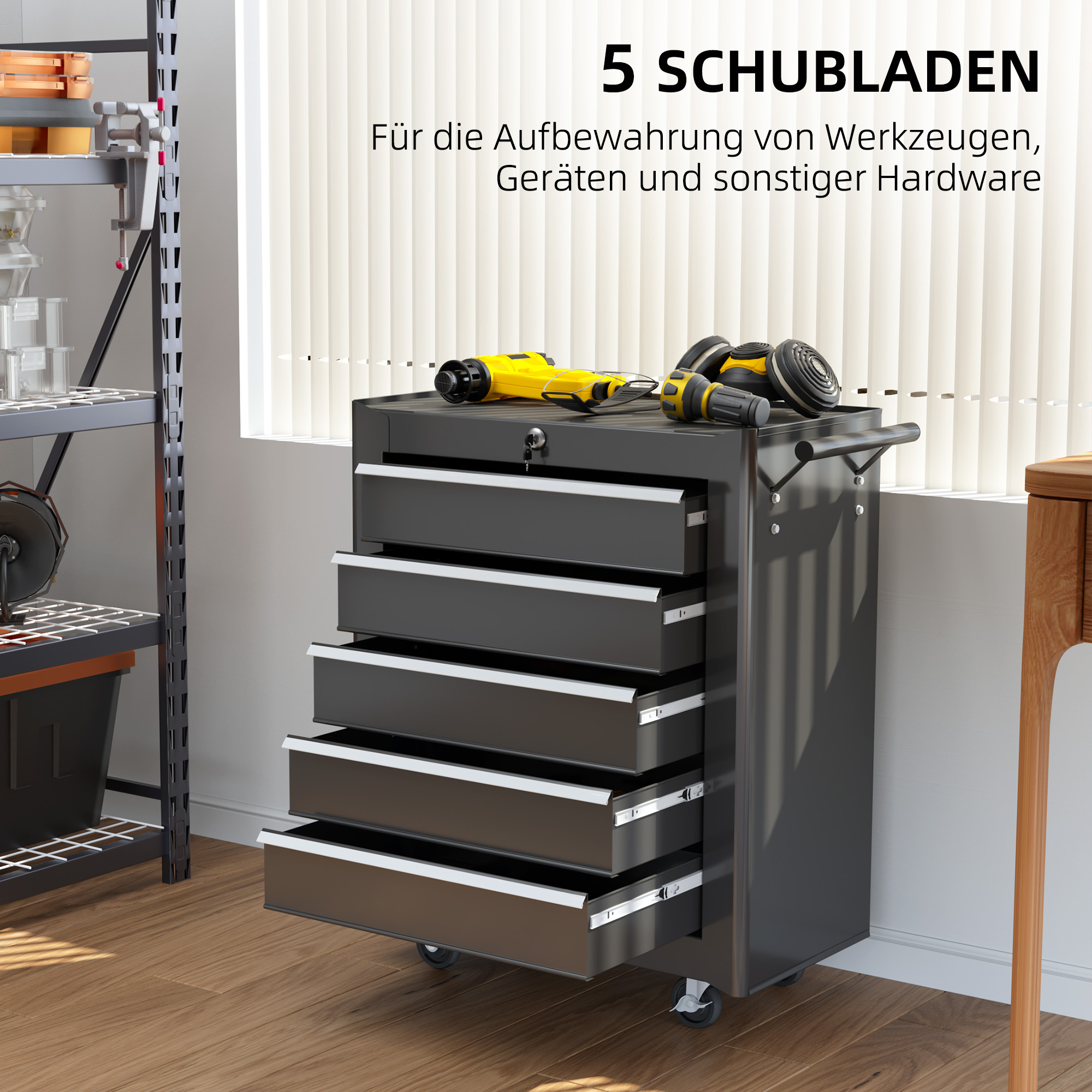 Gereedschapskist, Gereedschapskast, Rolbaar, 5 Laden, Staal, Zwart