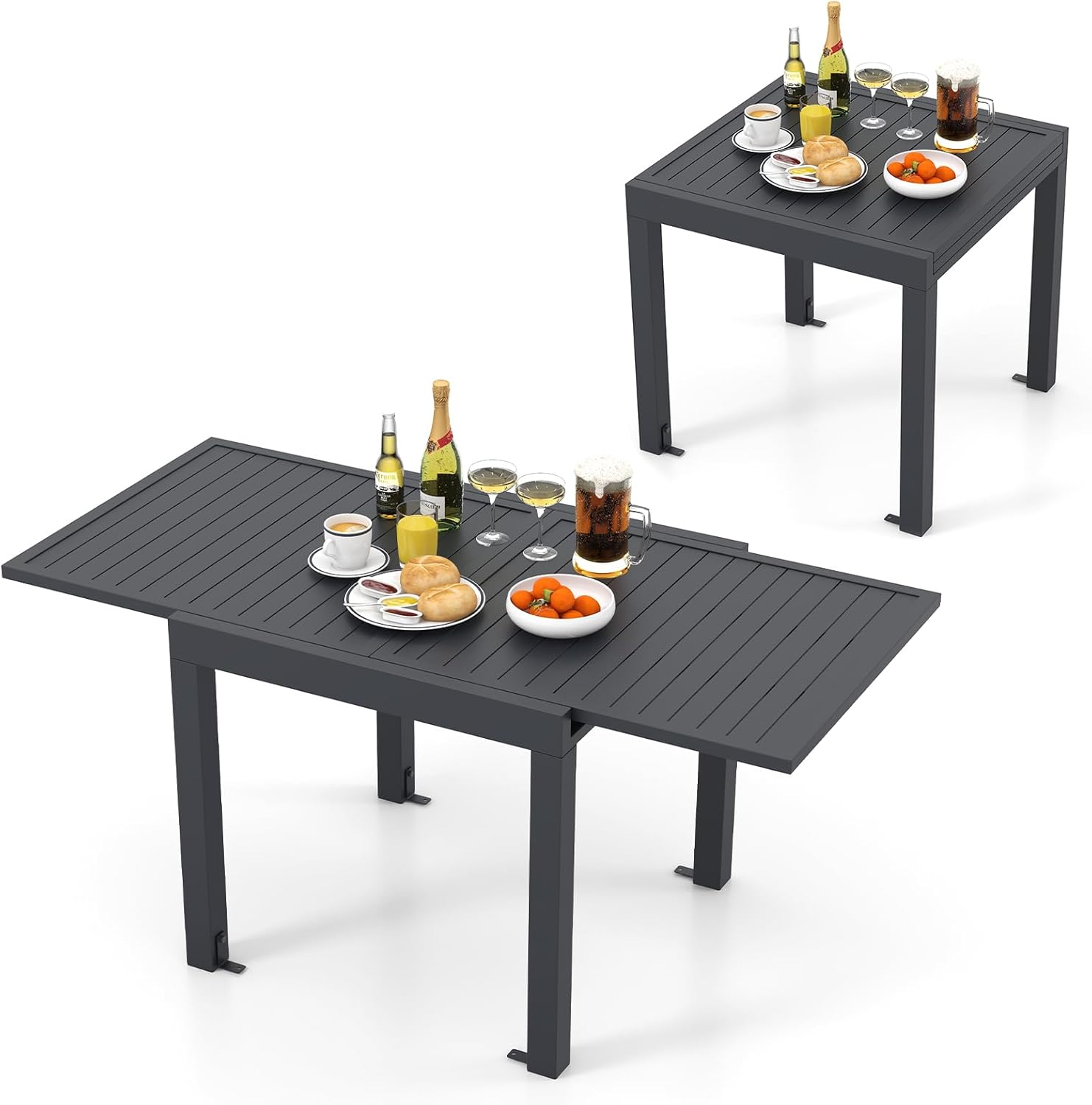 COSTWAY Gartentisch Aluminium ausziehbar, 80/160x80cm, Esstisch wetterfest, rechteckiger Terrassentisch mit Lattentischplatte für 4-6 Personen, Ausziehtisch für Garten, Terrasse
