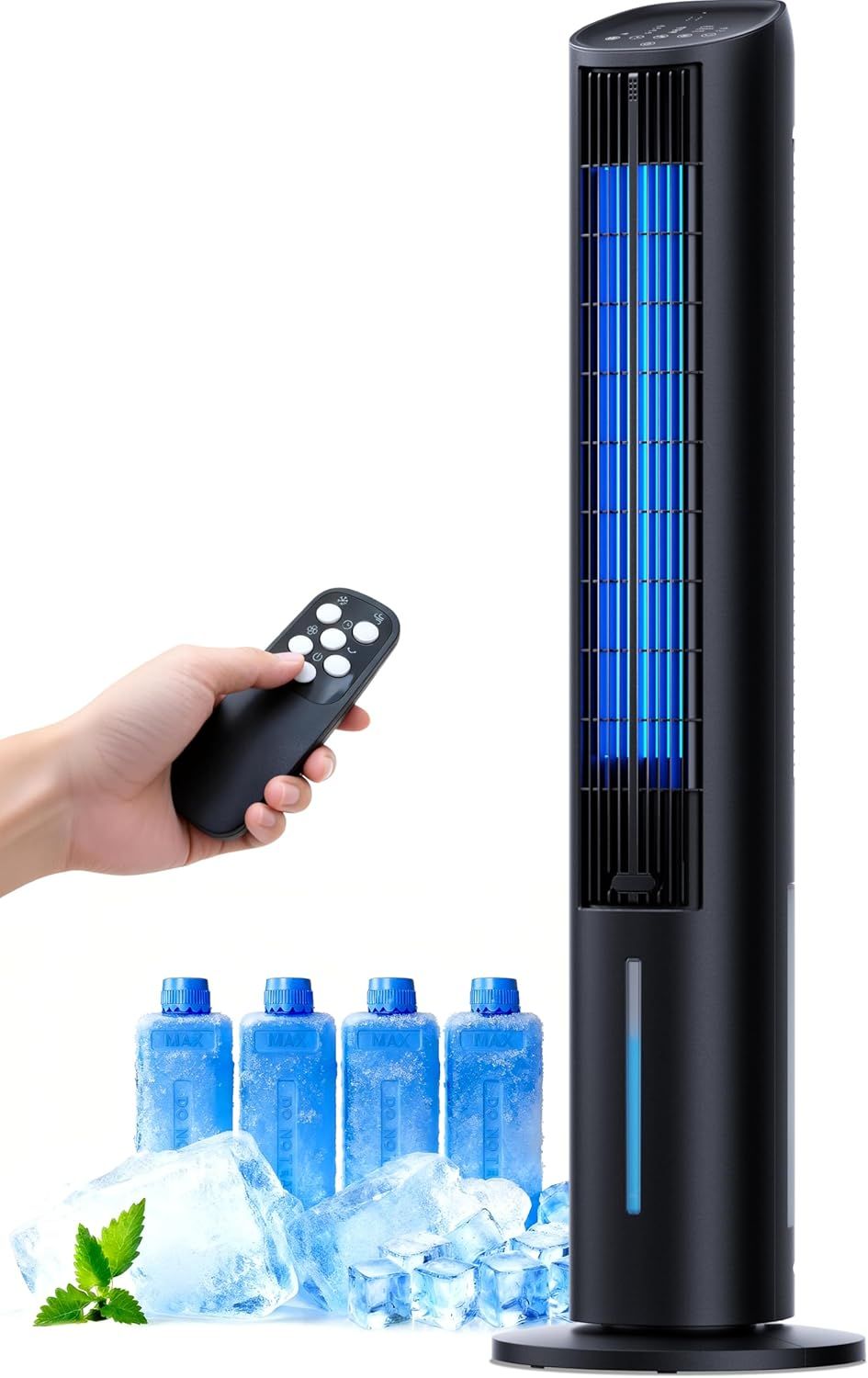 Portable Bladeless Tower Fan with Air Purifier - Remote Control, 3L Tank, 3 Speeds, 4 Modes, 12-Hour Timer, 80�� Oscillation, Black