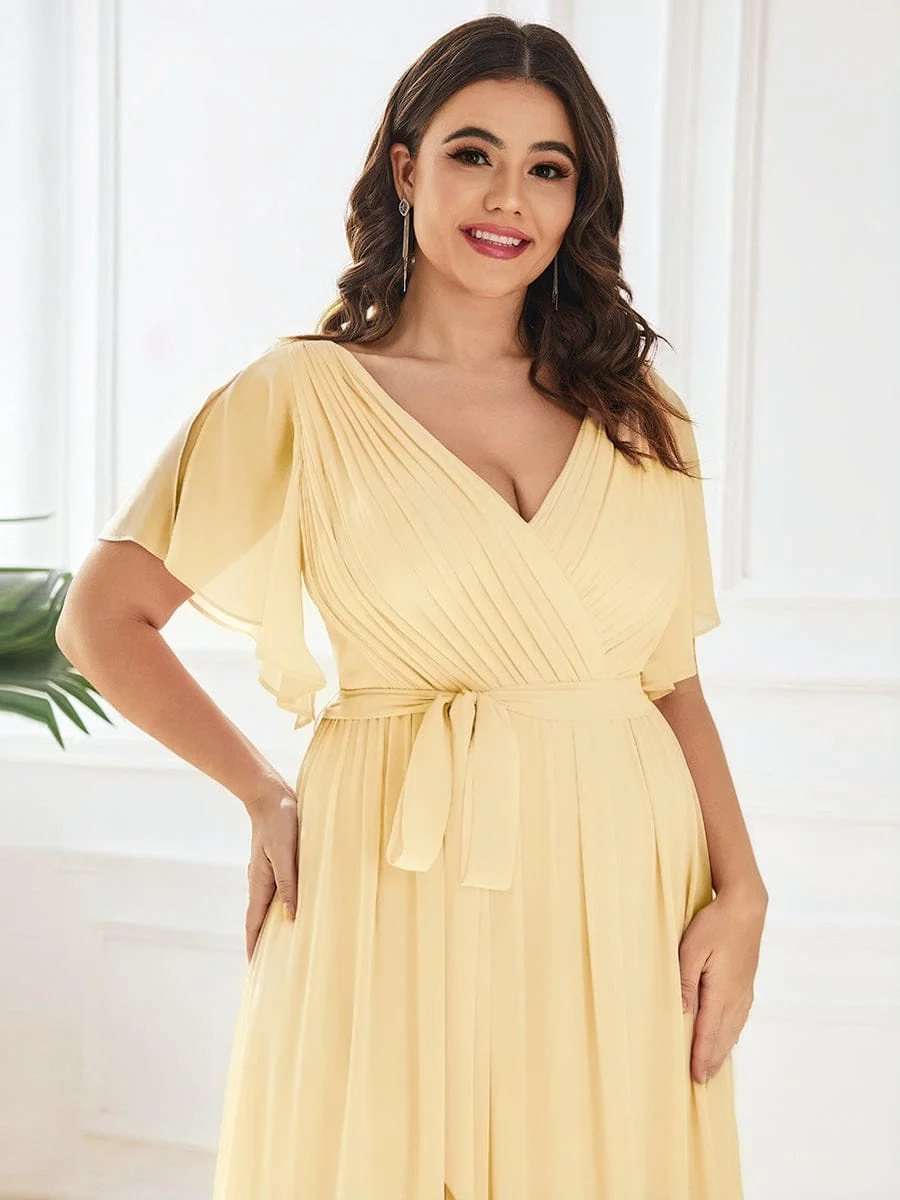 Abendkleid Damen Maxi A-Linie aus Chiffon | Festliches Kleid f��r Hochzeitsg?ste mit V-Ausschnitt und Fl��gel?rmeln