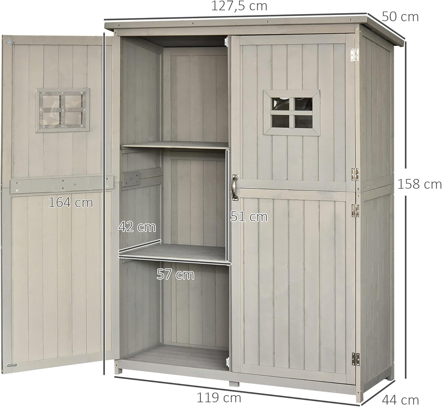 Outsunny Gartenschrank Holz Geräteschuppen Gerätehaus Geräteschrank Pultdach Garten Grau 127,5x50x164cm