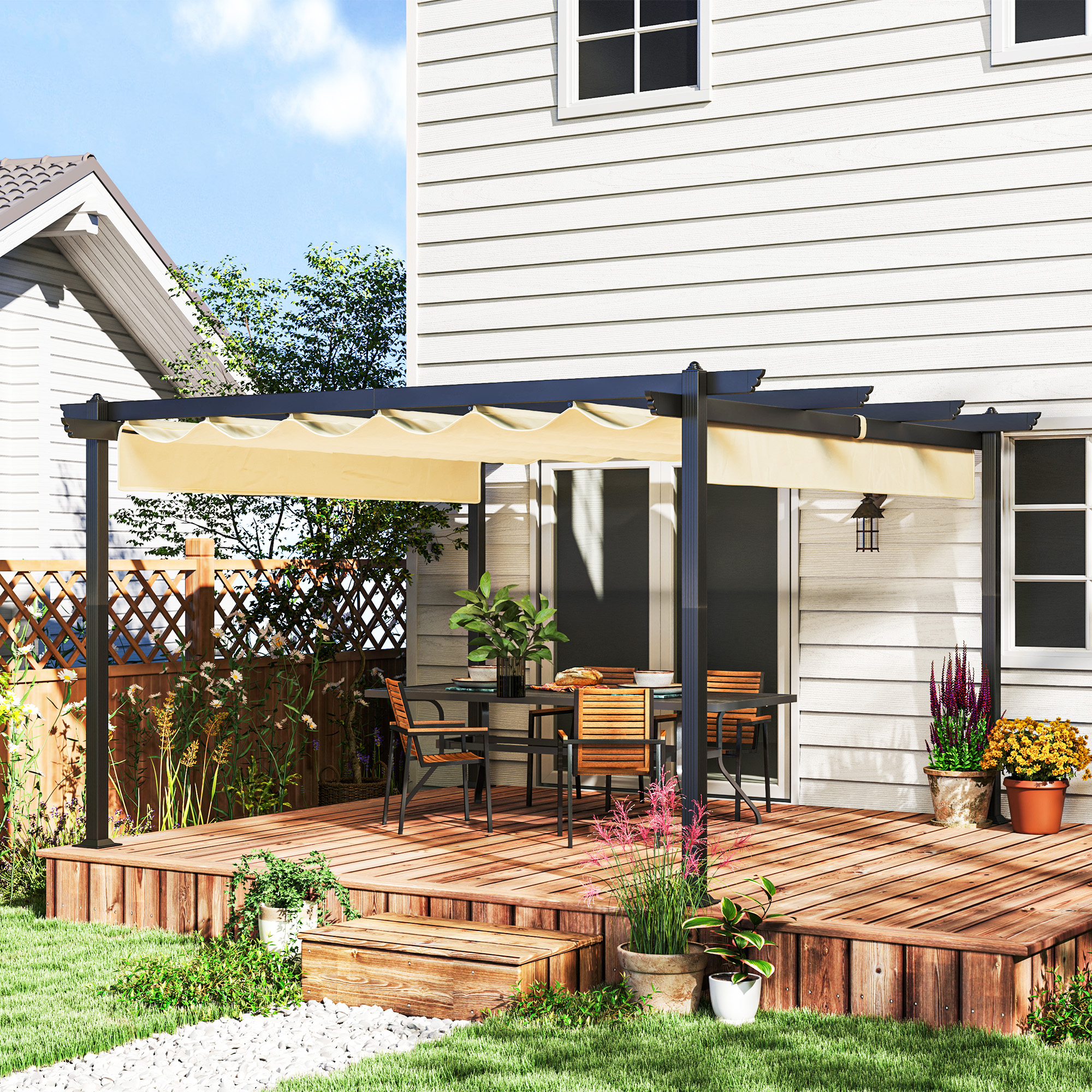 Verstelbare Tuin-Pergola, Paviljoen met Aluminium Frame, Buiten Baldakijn, voor Tuin, Balkon, Terras, Beige