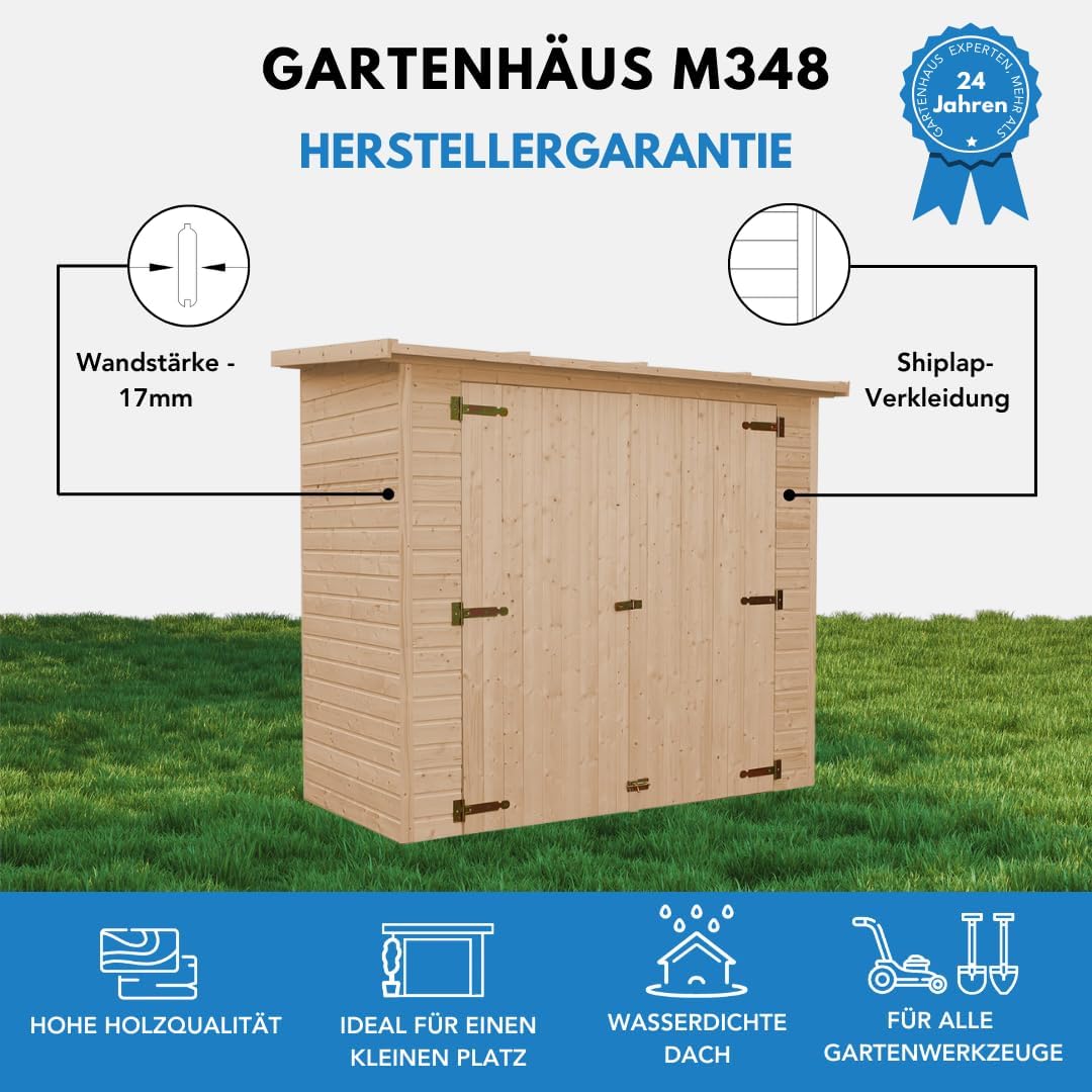 TIMBELA Gartenhaus Holz H194x123x223 cm/2.1 m², mit 17 mm Wandstärke - Geräteschuppen Holz ohne Boden, Gartenhütte Holz, Fahrrad Schuppen, Gerätehaus - Wasserfestes Dach TIMBELA M348