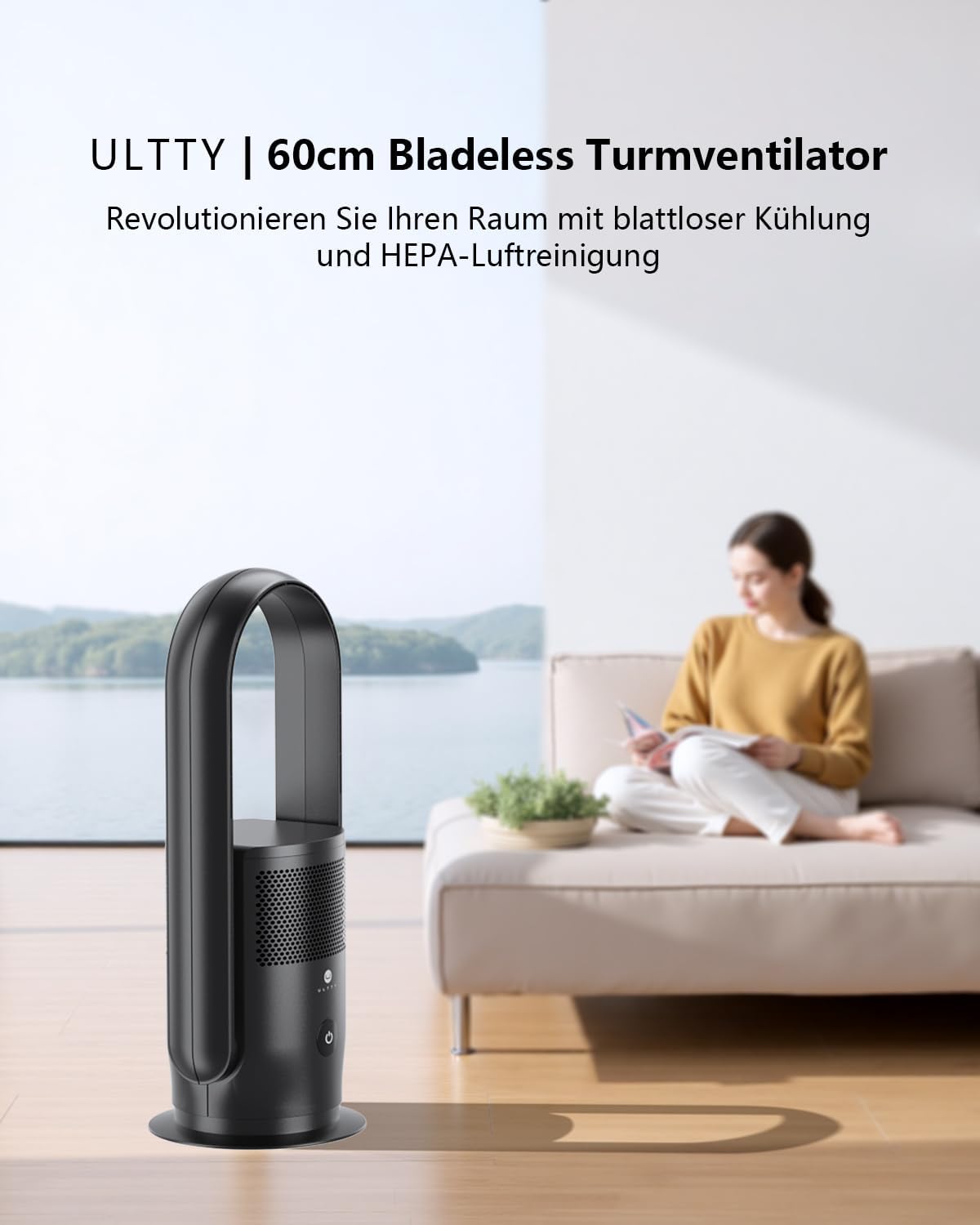 Ultty Rotorlos Ventilator mit Luftreiniger, Turmventilator Leise, H13 HEPA Filter, Touch, Timer, 60 cm Bladeless Fan für Schlafzimmer Büro, CR021 Schwarz