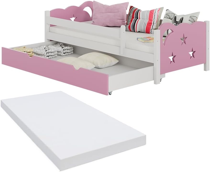 Kinderbett 80x160 cm Jessica mit Schublade und Matratze - Rosa/Weiß 166x53x86 cm aus Bambus - Bettschublade perfekt für Kinder, Geborgenheit für eine Nacht voller schöner Träume