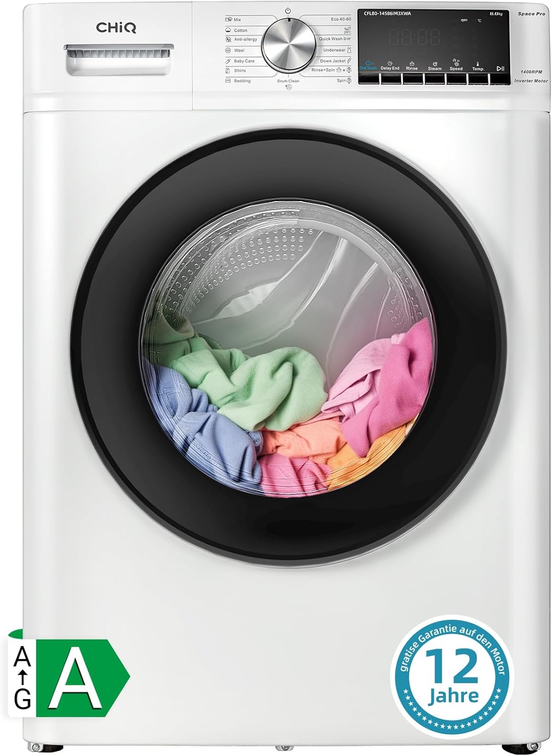 CHiQ Waschmaschine 7kg, 15 Programme, InverterMotor, Eco-Logic, Speed Wash, 60x46,5x84cm, Auto Clean, Washer Grau, CW07123863AX