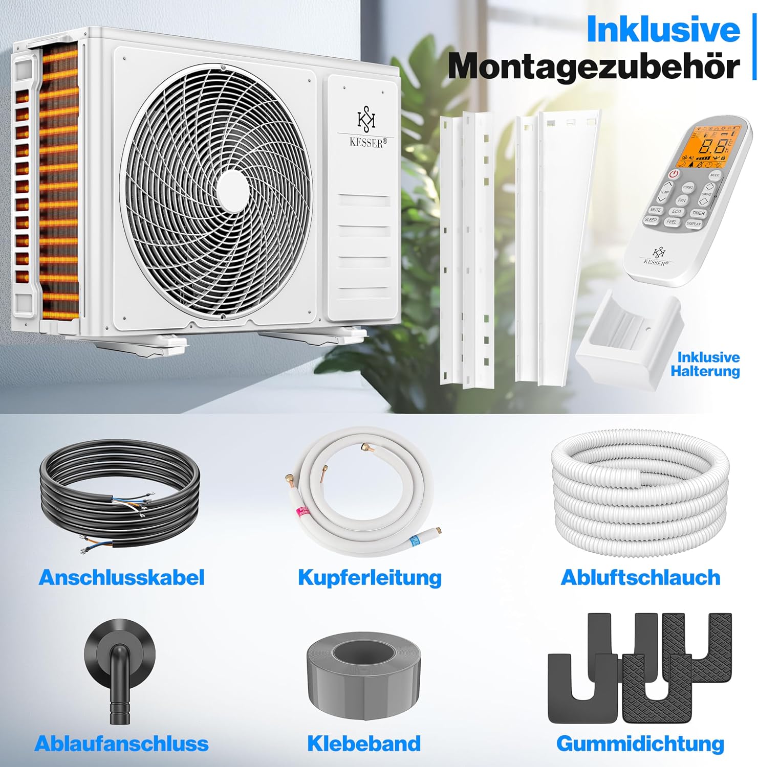 KESSER® Klimaanlage Set Split, WiFi/App Funktion Klimagerät, Kühlen A++/Heizen A+, 18000 BTU/h (5.300W) sehr leise, Kältemittel R32, Fernbedienung, Timerfunktion, Montagematerial, Weiß