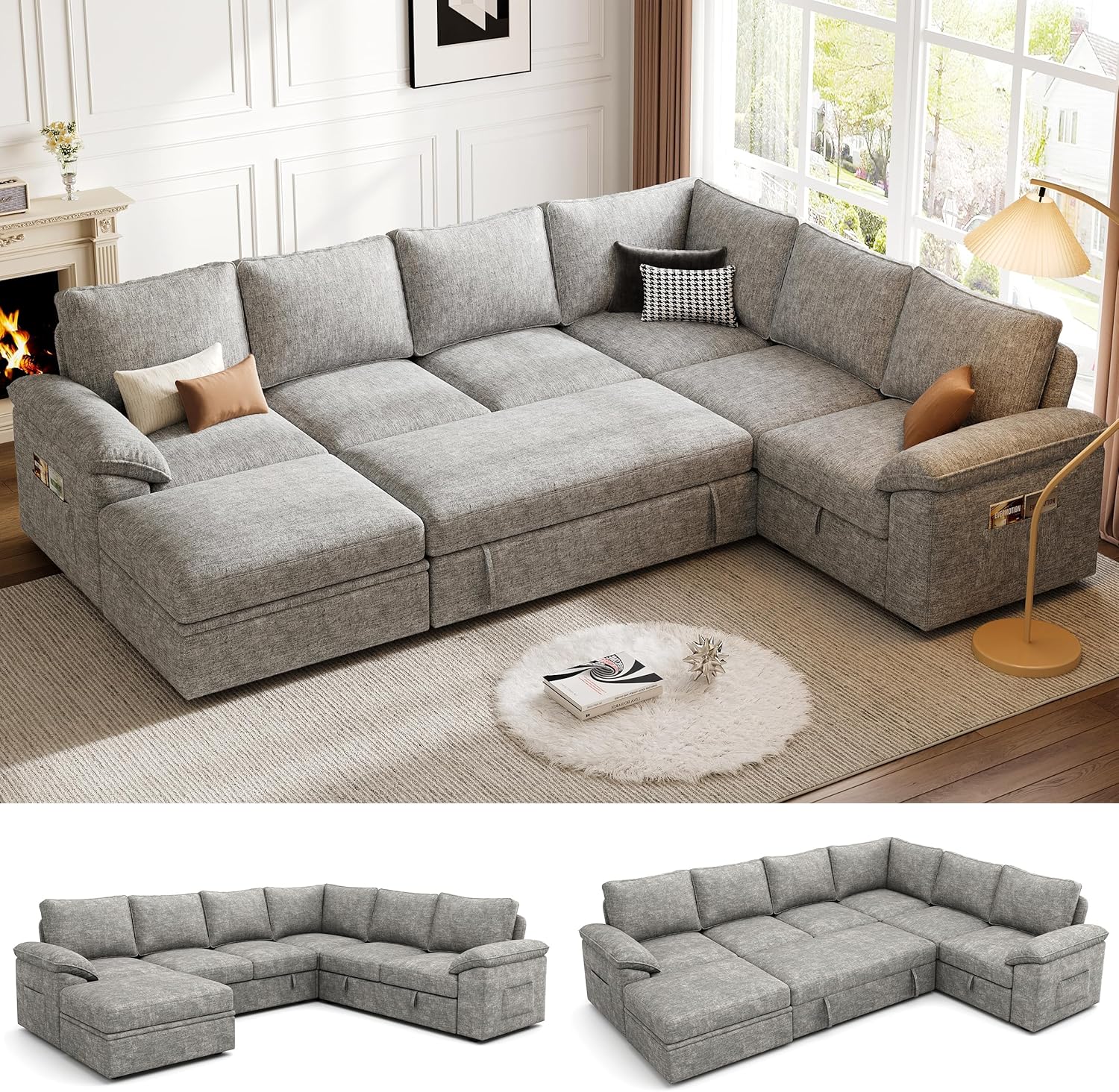 108 Inch Sectional Sleeper Sofa with Pull Out Bed, U Shaped 7 Seat Modular Sectional Sofa