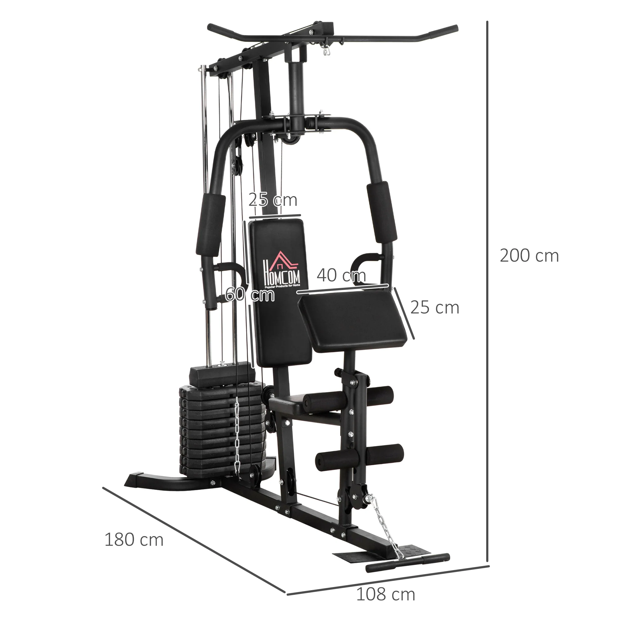 HOMCOM Krachtstation met 45 kg Gewichtsblok 180 x 108 x 200 cm Staal Zwart