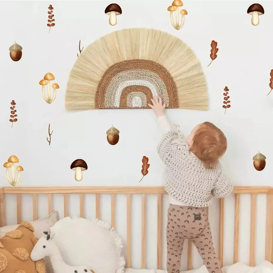 Boho Watercolor Woodland Mushrooms Leaves Branches Wall Decals