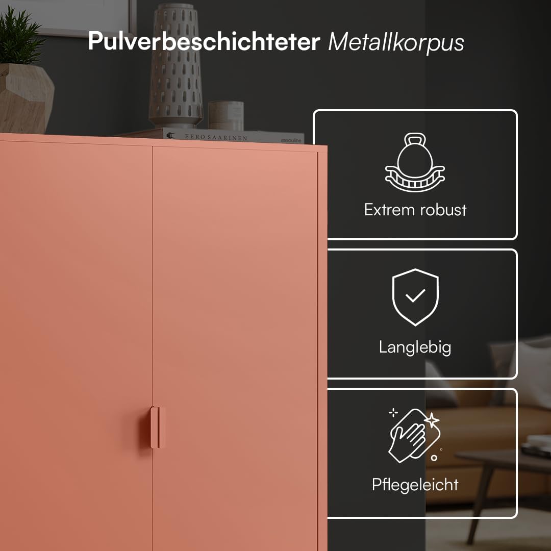 skølm Ituri Metall Kommode – Metallschrank mit 3 verstellbaren Fächern – Sideboard Wohnzimmer Terrakotta – Aufbewahrungsschrank aus Stahl – Highboard im Industrial Design – Büroschrank/Flurschrank