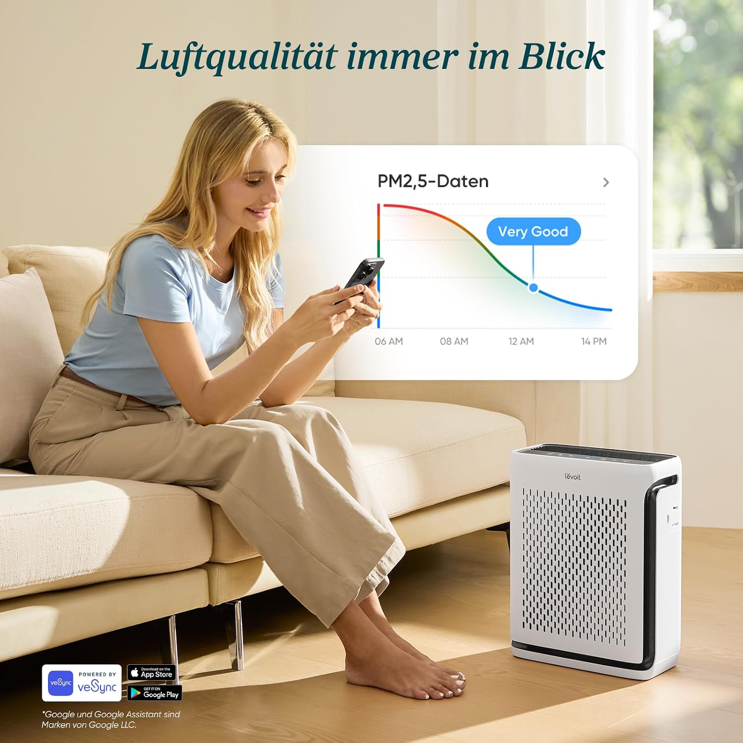 Levoit Vital 100S HEPA Luftreiniger für Allergiker, CADR 243 m³/h, HEPA- und Aktivkohlefilter, leise, PM2.5 Sensor, App und Alexa, gegen Staub, Pollen, Rauch und Gerüche, bis zu 52㎡, Mondweiß