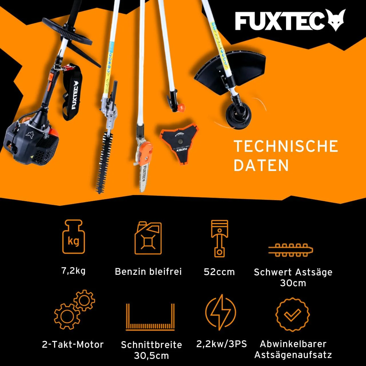 FUXTEC Benzine Bosmaaier FX-MT252ER 5in1 Multitool, 52 cc, draagriem incl. 1m verlenging 3 pk combiapparaat heggenschaar met verstelbare hoge takkenzaag combisysteem bosmaaier 2-takt