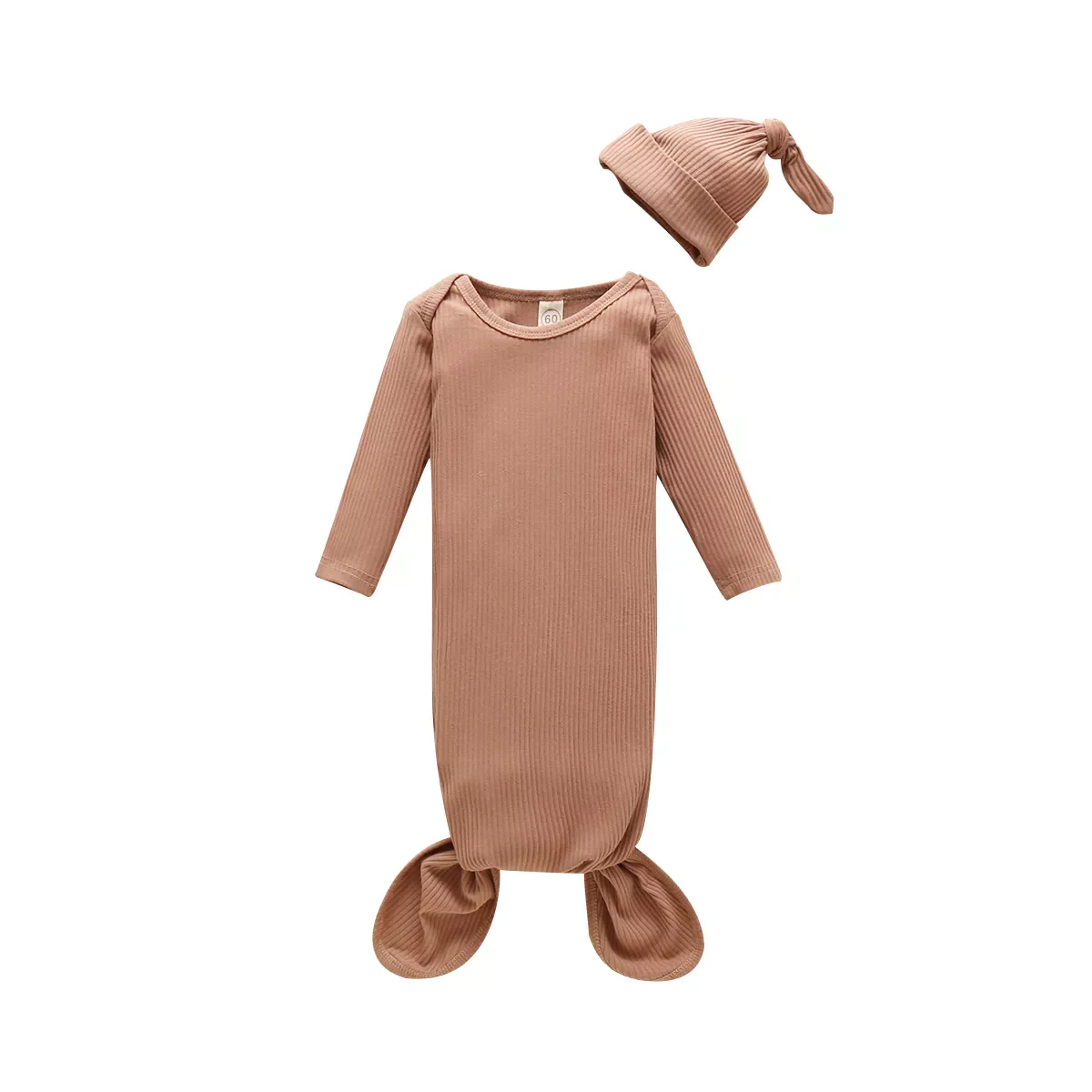 Newborn Ribbed Long Sleeve Knotted Gown with Cap
