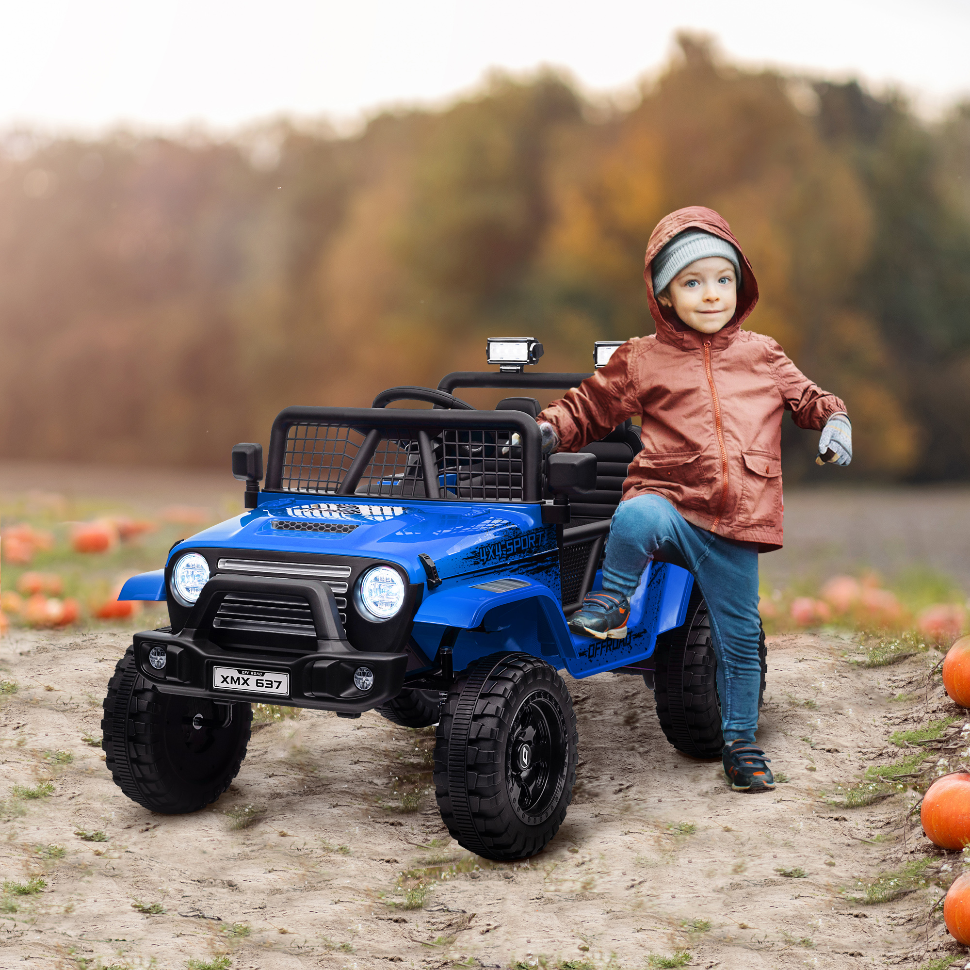 AIYAPLAY Elektrische Kinderauto met Zachte Veren, Afstandsbedienbaar, LED-Lichten, Toeter, 12V Motoren, van Kunststof en Metaal, Blauw