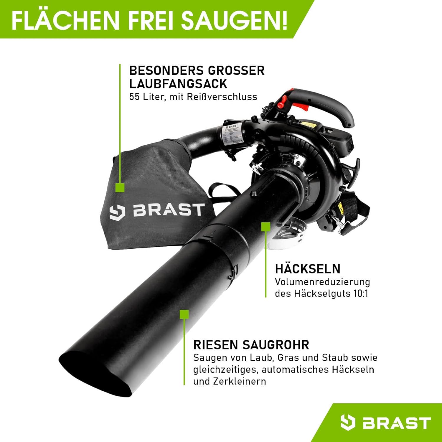 BRAST® Laubsauger Laubbläser Benzin 1,0kW(1,36PS) | 55L Fangsack | inkl. 2 Blasrohre, Schultergurt & Anti-Vibrationsgriff | 4in1 Funktion | Blasgeschwindigkeit 73 m/s