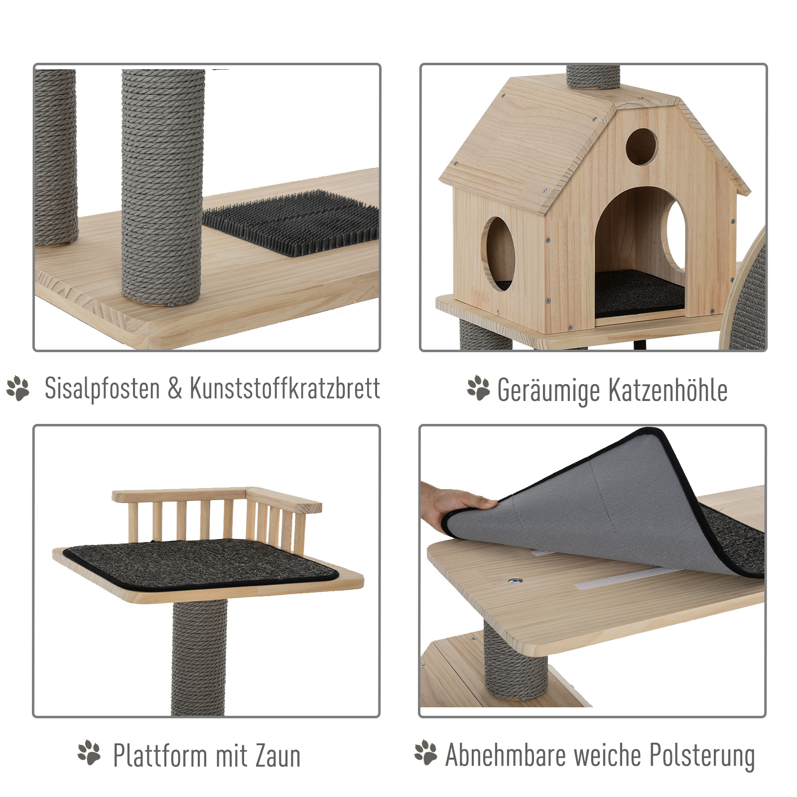 Kattenboom met loopwiel krabpaal met 4 verdiepingen kattenhuis met sisalpalen massief hout