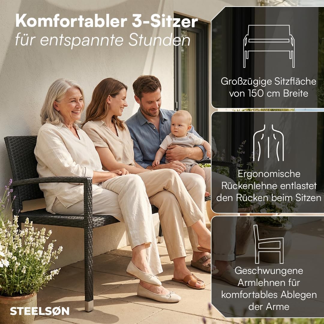 STEELSØN Mirador Gartenbank 3 Sitzer schwarz – Sitzbank Outdoor aus Polyrattan – Balkonbank wetterfest – Rattanbank mit ergonomischer Lehne – Parkbank bis 320kg belastbar – Bank für Garten/Terrasse