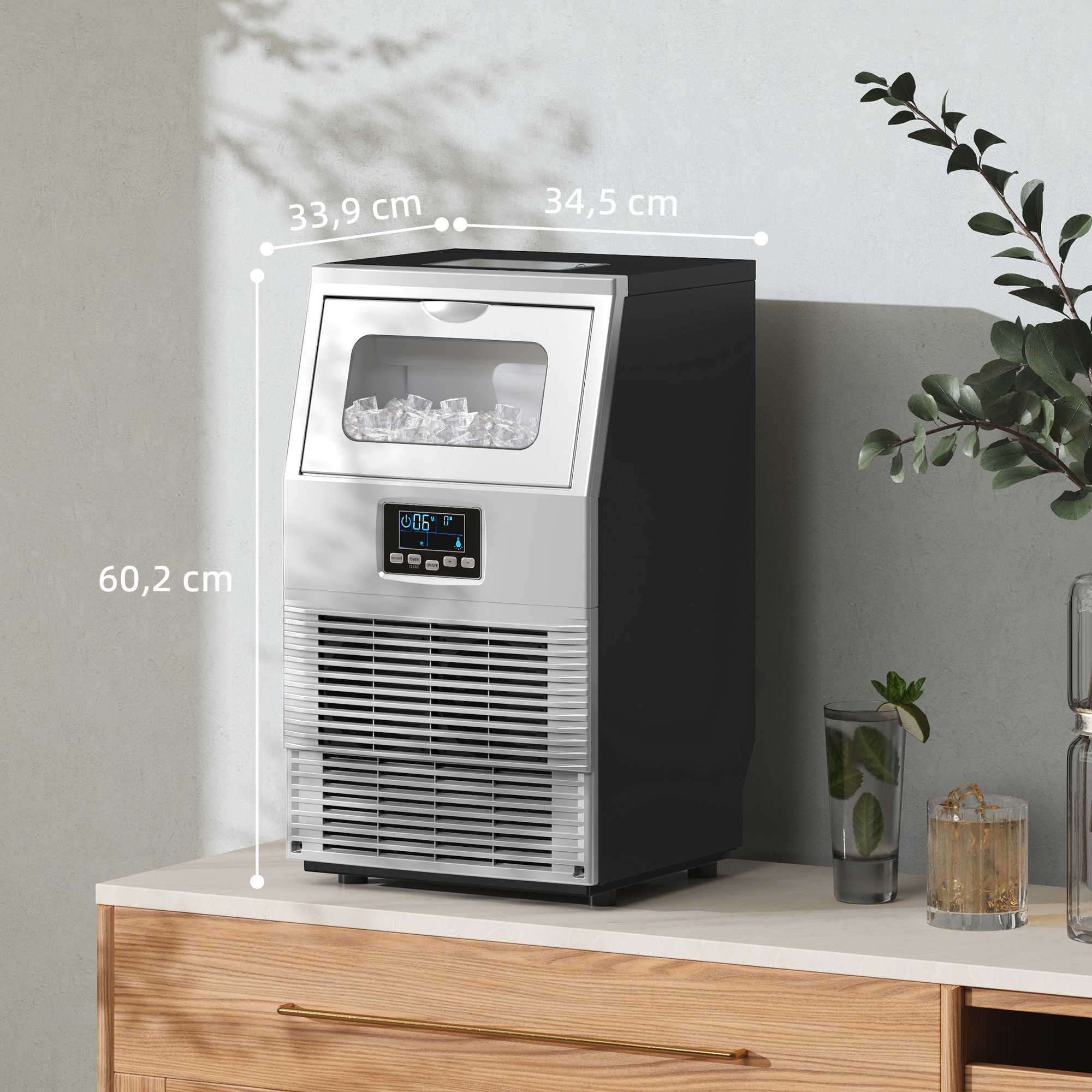 Commerci?le IJsblokjesmachine, LED-Verlichting, Makkelijk Afleesbare Displays, inclusief Schep, Zilver