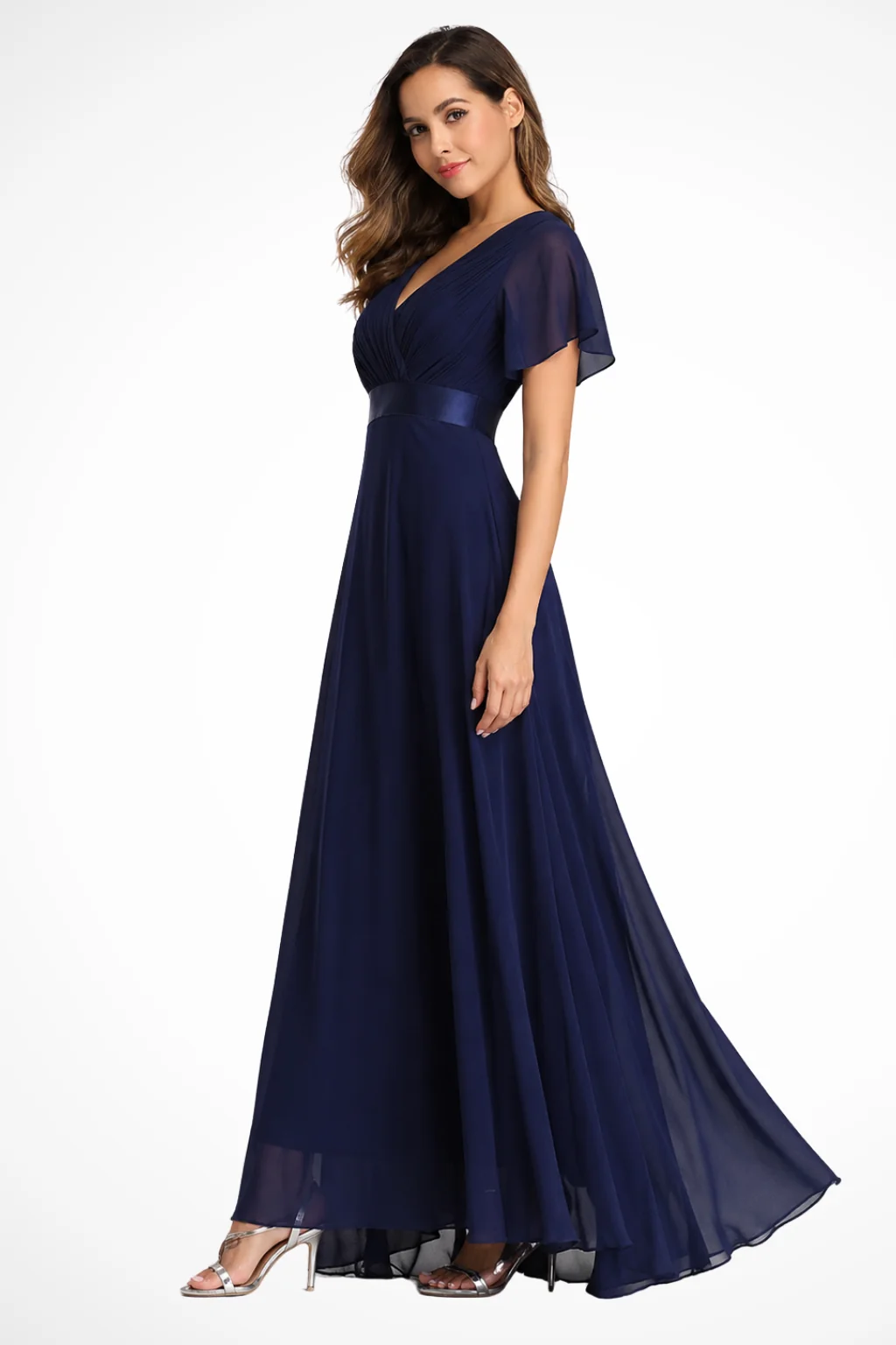Maxikleid Damen aus Chiffon | Festliches Kleid f��r Hochzeitsg?ste mit V-Ausschnitt und Flatter?rmeln | Flie?endes Abendkleid