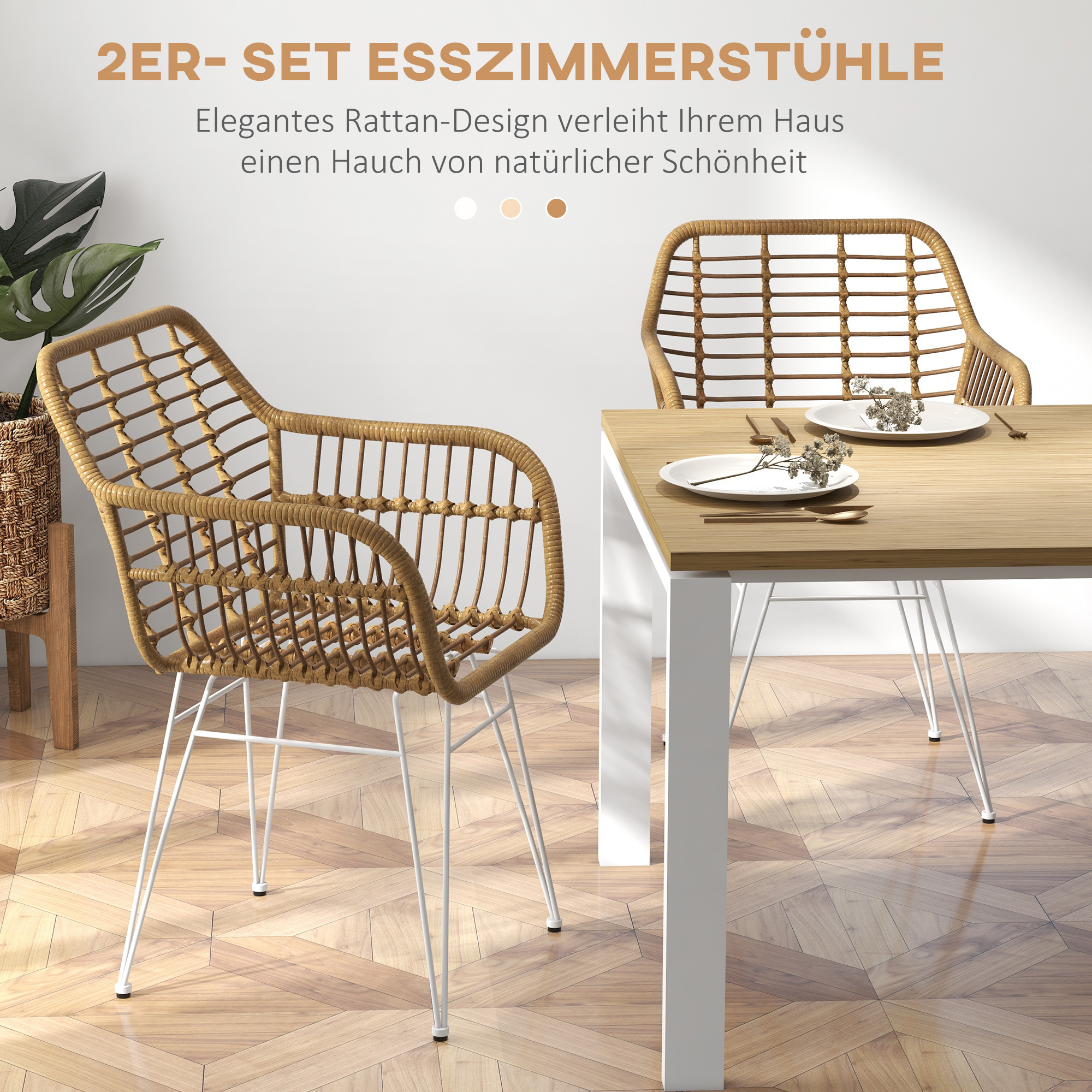 2-delige set stoelen in Boho-stijl, keukenstoelen, PE-Rattan, 56 x 60 x 79 cm, Natuur + Wit