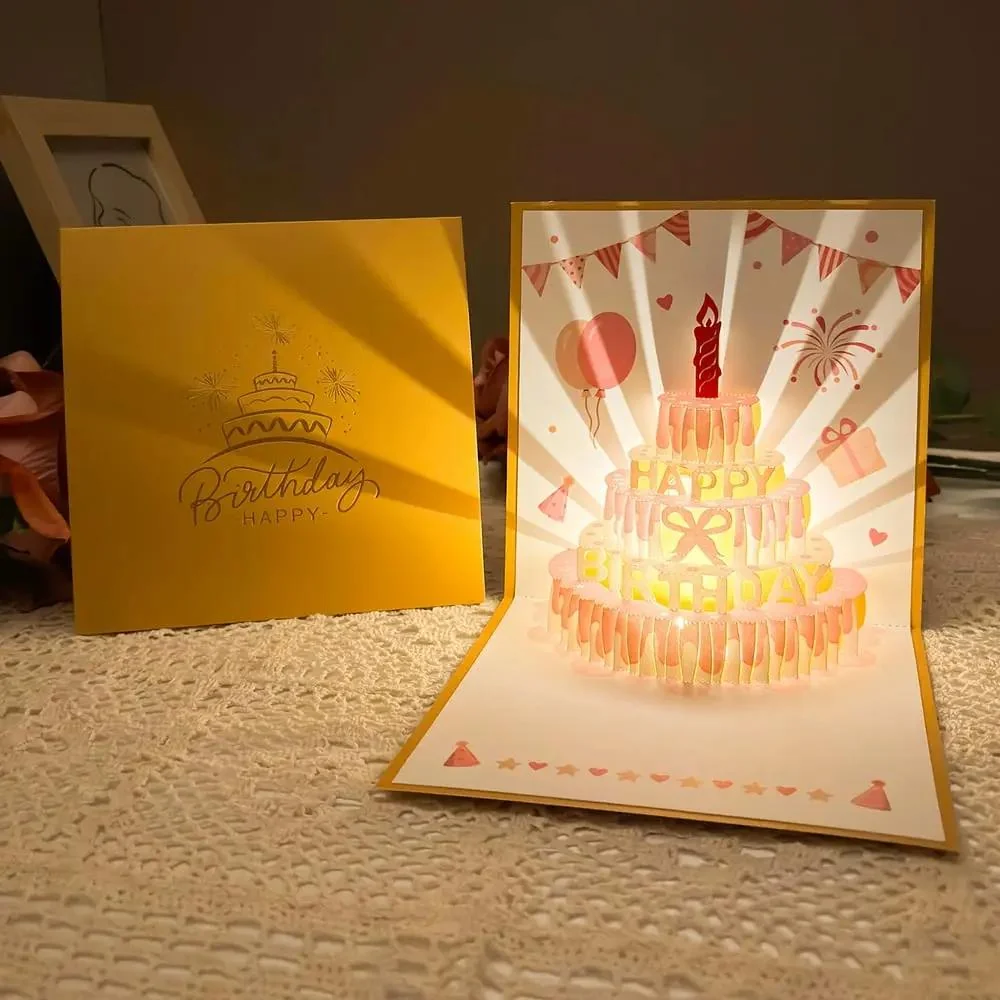 3D Pop-up Geburtstagskarte mit Musik und LED Licht | Handgemachte Grußkarte mit Torte | Besondere Karte zum Geburtstag