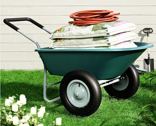 2025 2 Wheel Wheelbarrow  330 Pounds Capacity Yard Cart with Padded Handlebar  14 Inch Pneumatic Tires for High Stability  Ideal for Moving Soil  Plant Shrub  Gardening Tool  Easy Assembly