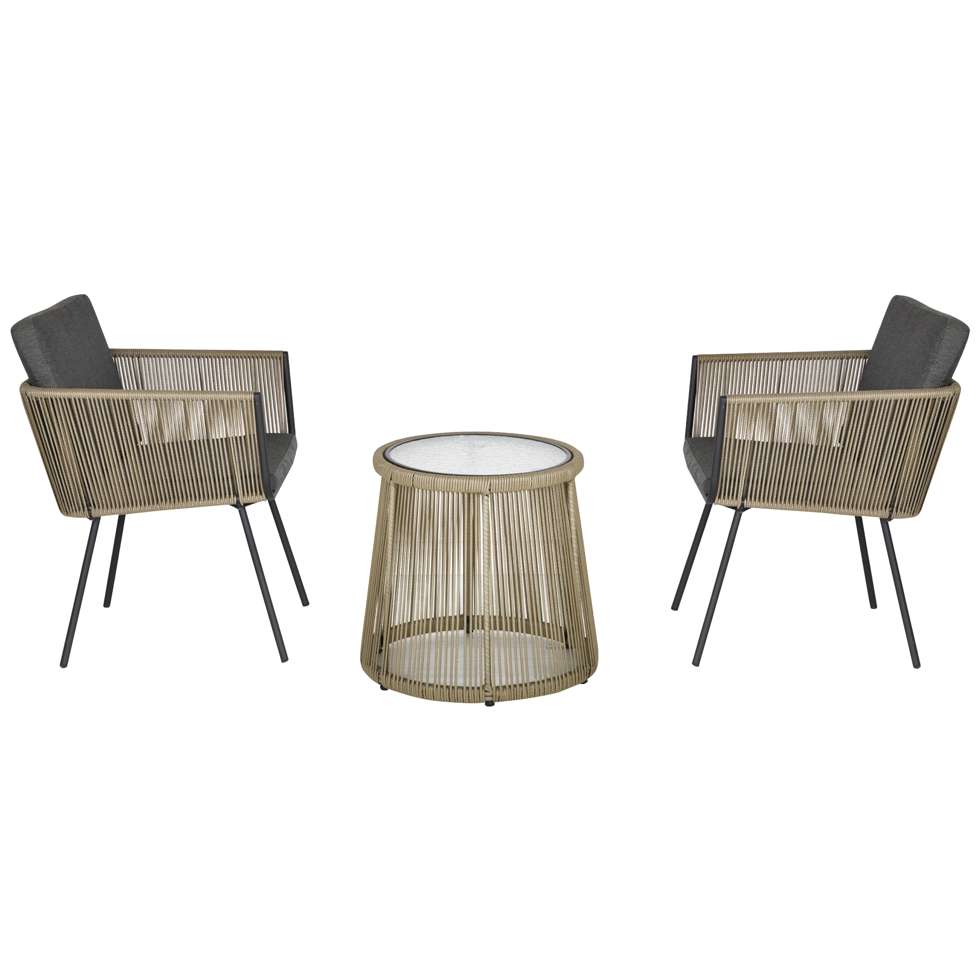 3-delige loungeset, 2 stoelen, bijzettafel, zit- en rugkussens, gehard glazen tafelblad, kunstrotan, grijs