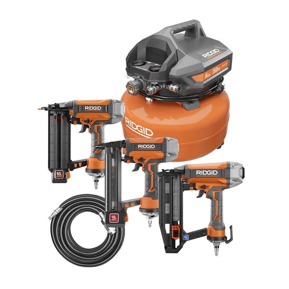 Elektrische draagbare pancake-compressor 6 gallon met 18GA-kopnageltacker, 16GA-rechtetacker en 18GA-fijndraadkrammenapparaat R69603FK