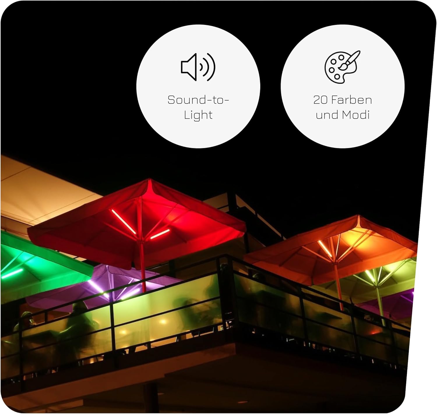 Lume1 Sonnenschirmbeleuchtung mit Fernbedienung, Lampen für Gastronomie, 4 LED Leisten, warmweiß mit 1000 Lumen, 2700 Kelvin, angenehme Beleuchtung, Akku enthalten (smart 4er Set Mo2026)