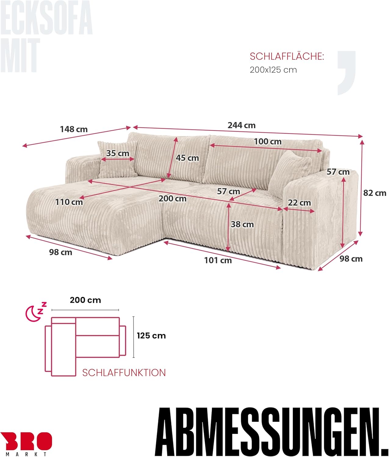 BROMARKT Ecksofa mit Schlaffunktion Creme Couch L-Form Cordstoff Sofa mit Bettkasten Wohnzimmer Schlafcouch Schlafsofa mit Stauraum Eckcouch 3 Sitzer Wohnlandschaft 244x148x82 cm TILIO