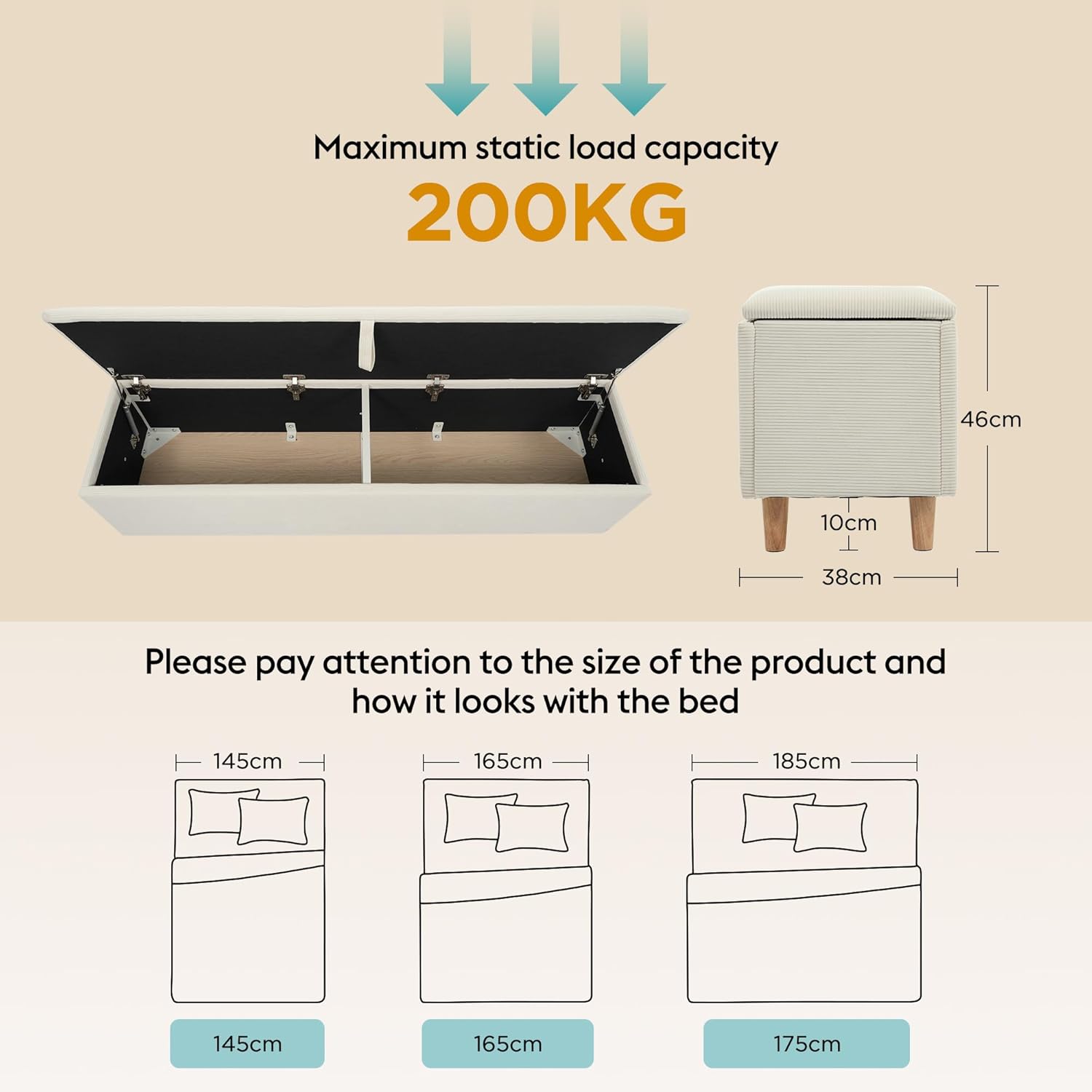 Polsterbank mit Hydraulischem Stauraum, 175 x 38 x 46 cm Aufbewahrungsbox, Bettbank Sitzbank für Flur, Wohnzimmer, Schlafzimmer, Cordstoff, Beige