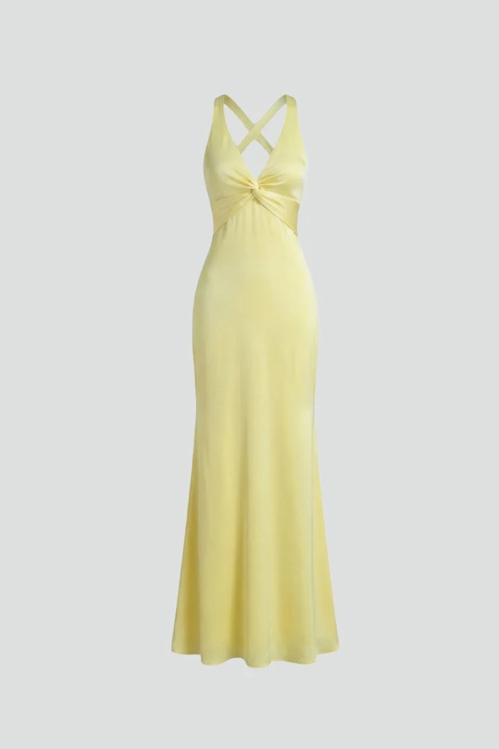 ?rmelloses Damen Maxikleid mit tiefem V-Ausschnitt und taillierter Passform �C Bodenlanges Kleid mit ausgestelltem Saum