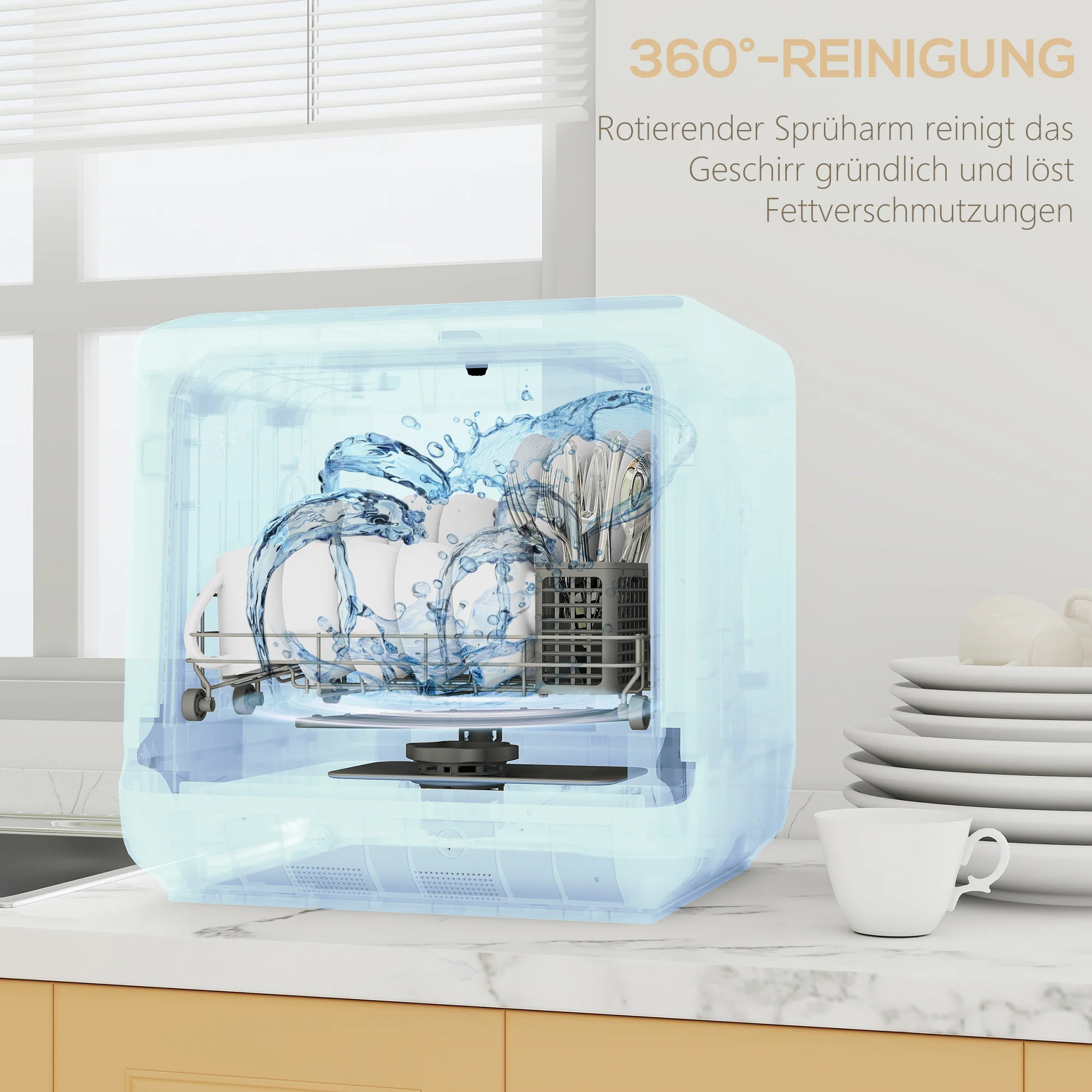 HOMCOM Tafelvaatwasser, Mini-Vaatwasser met 6-Liter-tank, 5 Programma's, LED-display, Droogfunctie, Wit