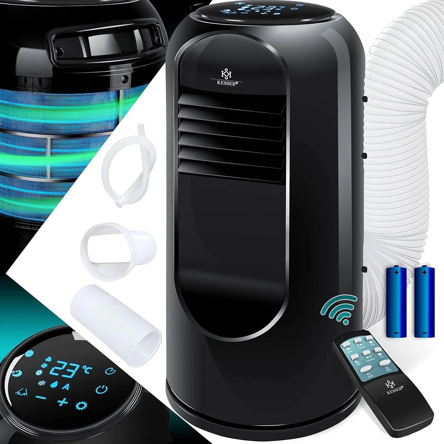 KESSER? Mobiele airconditioning Sky Tower 4-in-1 koelen, ontvochtigen, ventileren, ventilator - 9000 BTU/h (2.600 Watt) 2,7KW - Airco, afstandsbediening en timer, nachtmodus (EEK: D), Zwart
