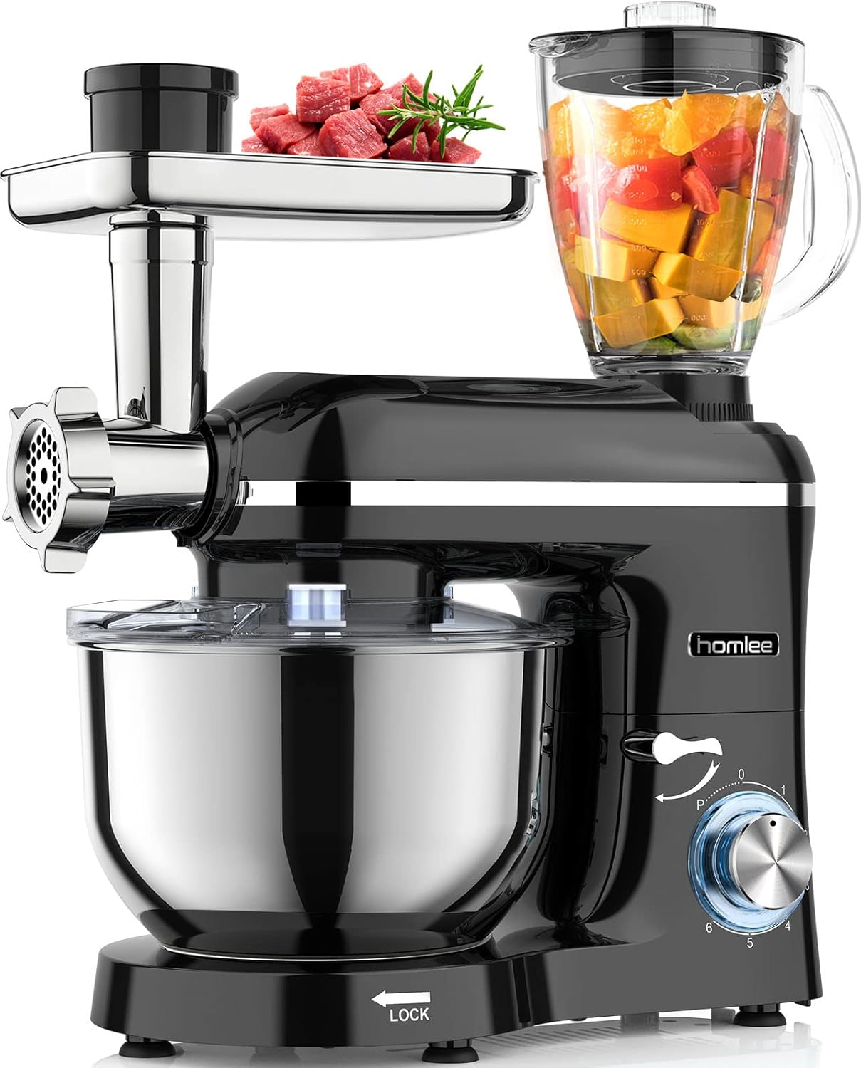 Homlee 3 in 1 Küchenmaschine 1800W Multifunktionale Knetmaschine 6-stufige Gescheindigkeit Mixer, mit Fleischwolf, 1.5L Saftpresse, 5.5L Edelstahlschüssel Teigmaschin