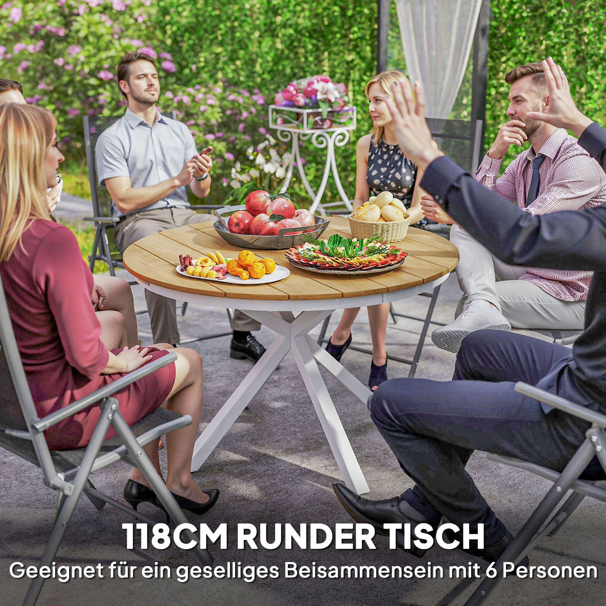 Outsunny Tuintafel Ø118cm, Weerbestendig Balkontafel uit Aluminium, Bijzettafel met Kruispoten Latontwerp Teak