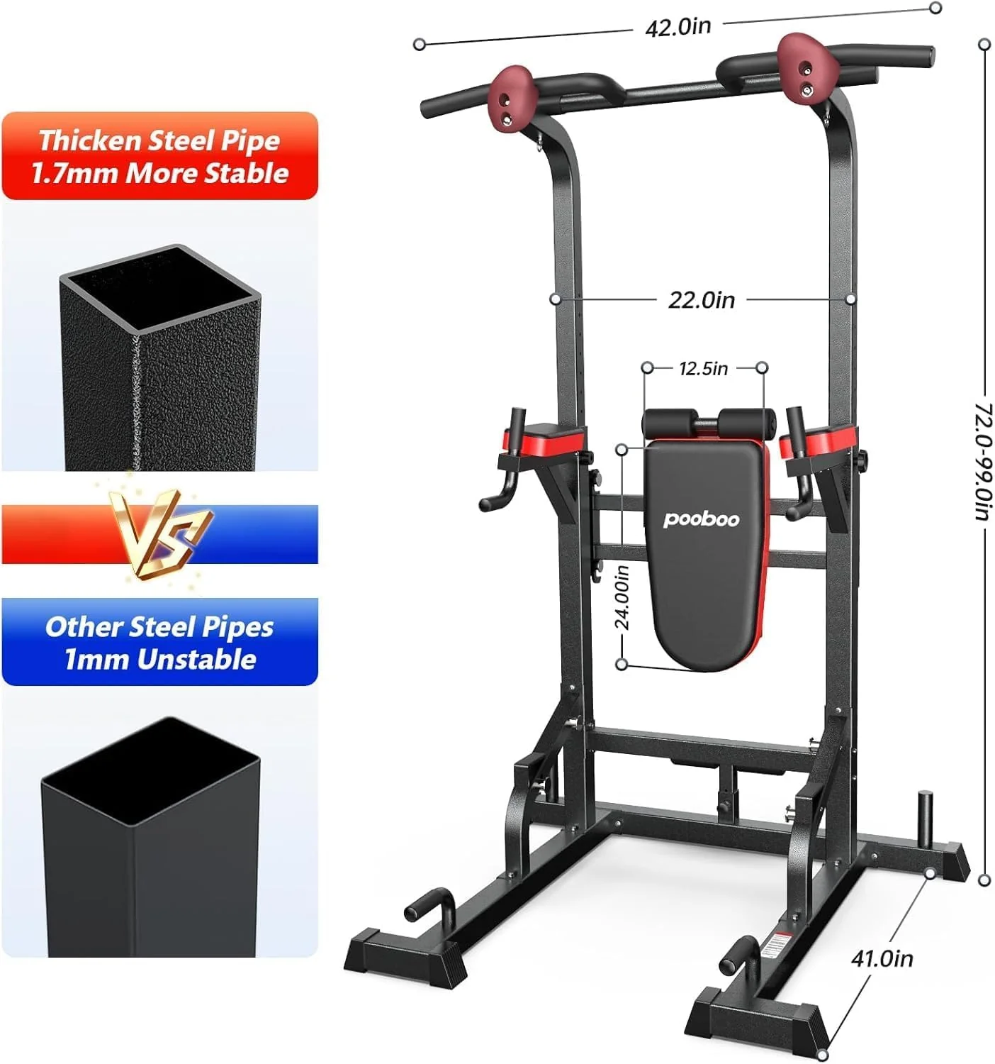 Power Tower Dip Station, Pull-Up Bar, Supine Board, Adjustable